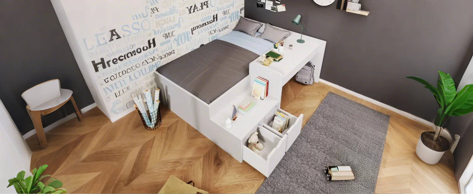 Logidon kinderbed 90x200 massief hout wit met bureau en opbergruimte