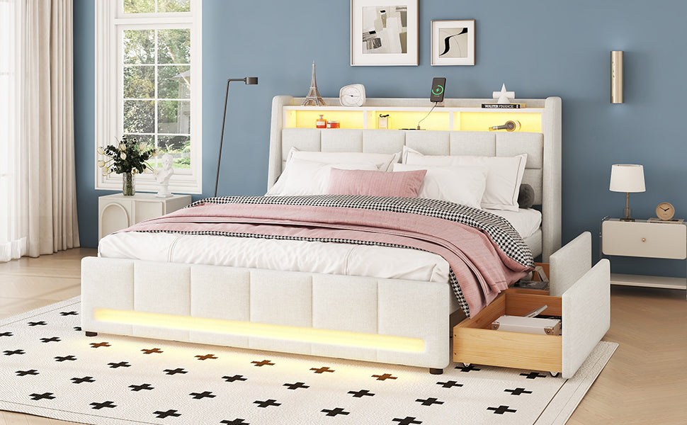 Logidon gestoffeerd bed 160x200 cm beige linnen met LED app bediening