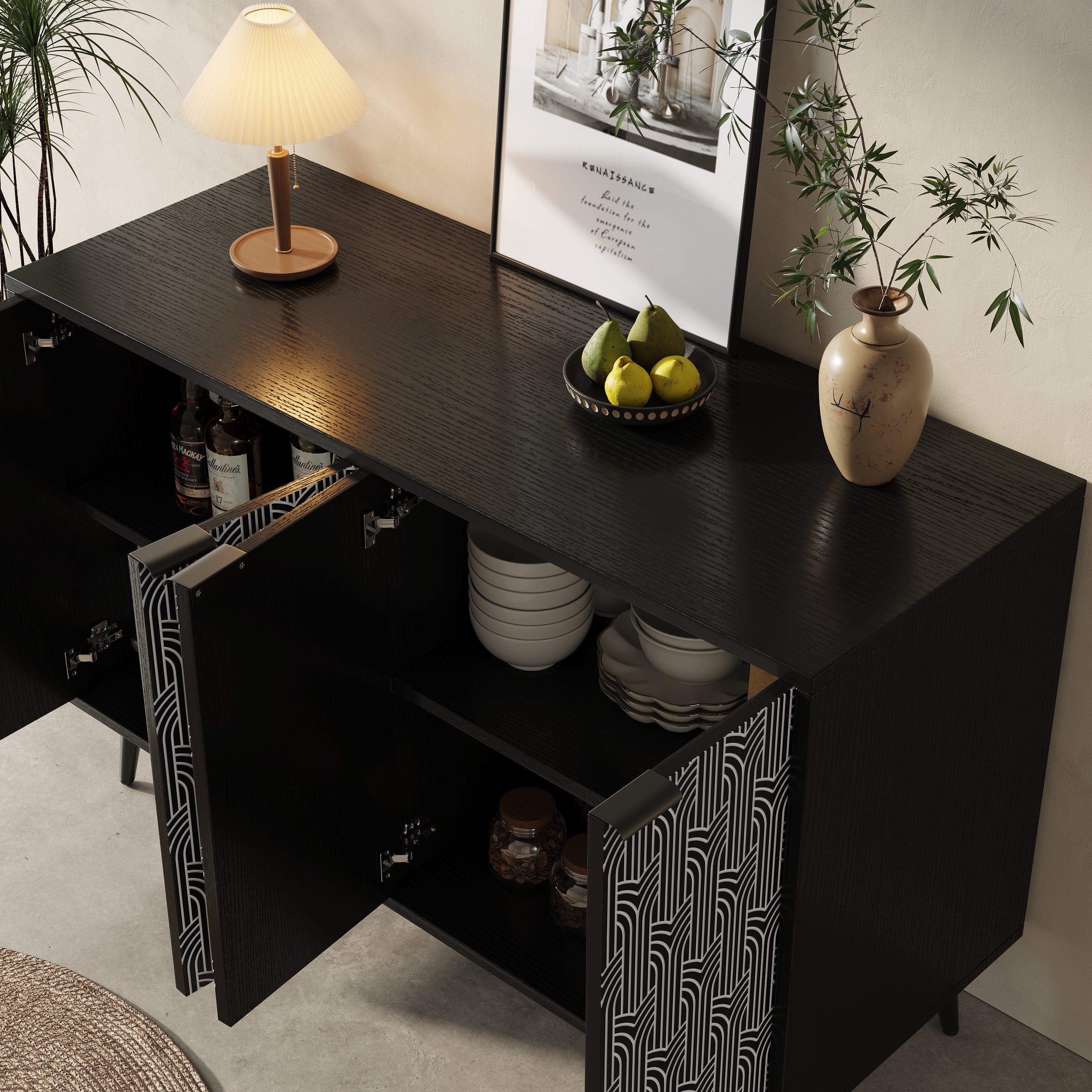 Logidon eetkamerkast 120x35x78 cm zwart met visgraatmotief