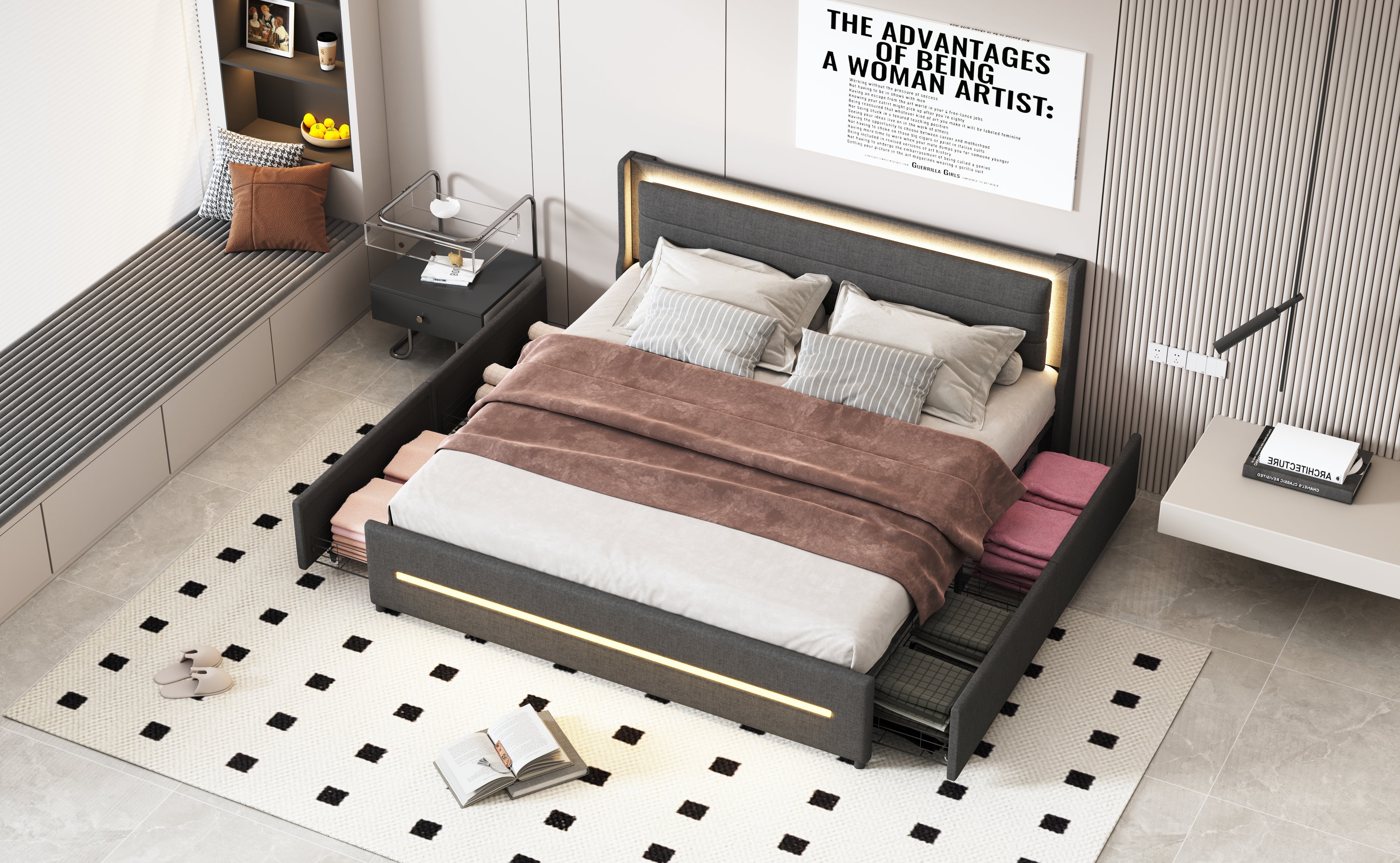 Logidon gestoffeerd bed 180x200 met LED verlichting en 4 opbergvakken grijs