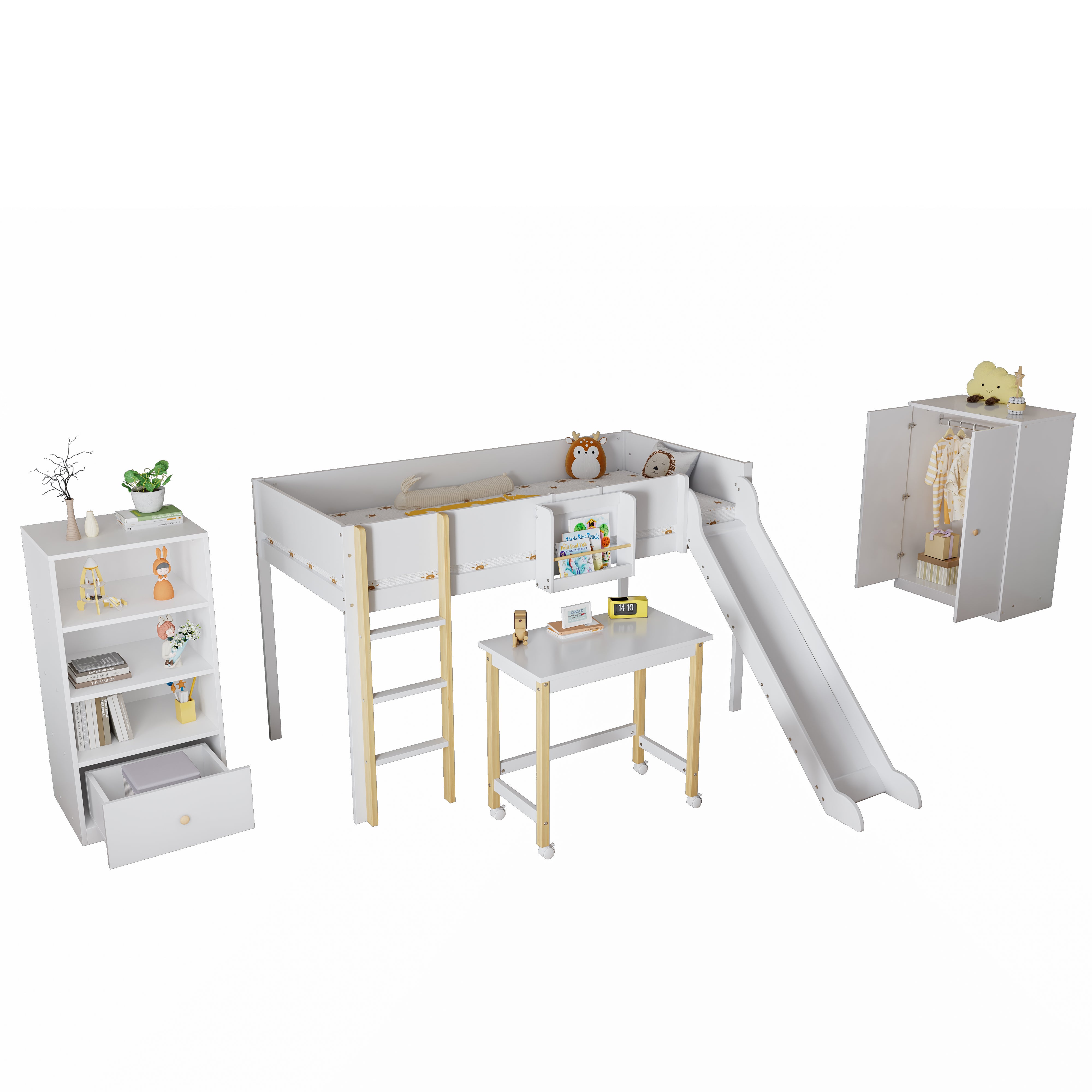 Logidon complete bedroom 3-piece loft bed with slide white/natural