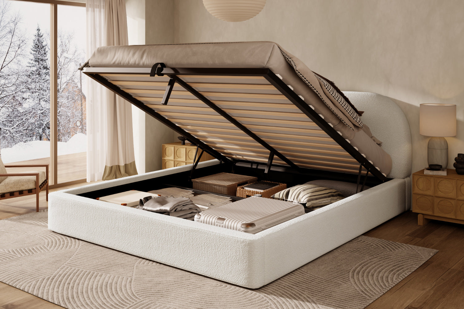 Logidon gestoffeerd bed 180x200 beige bouclé met opbergruimte hydraulische lift