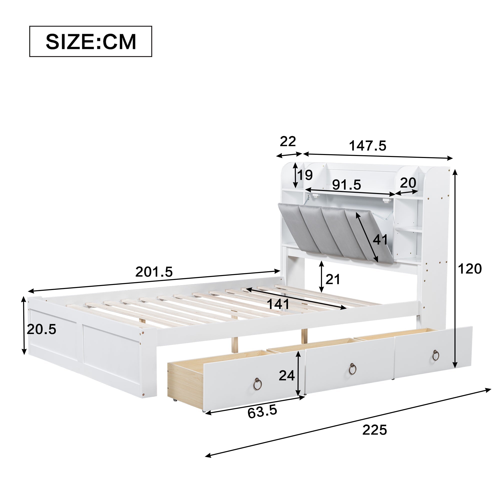 Logidon tweepersoonsbed witgrijs 140x200 cm plank drie lades op wielen
