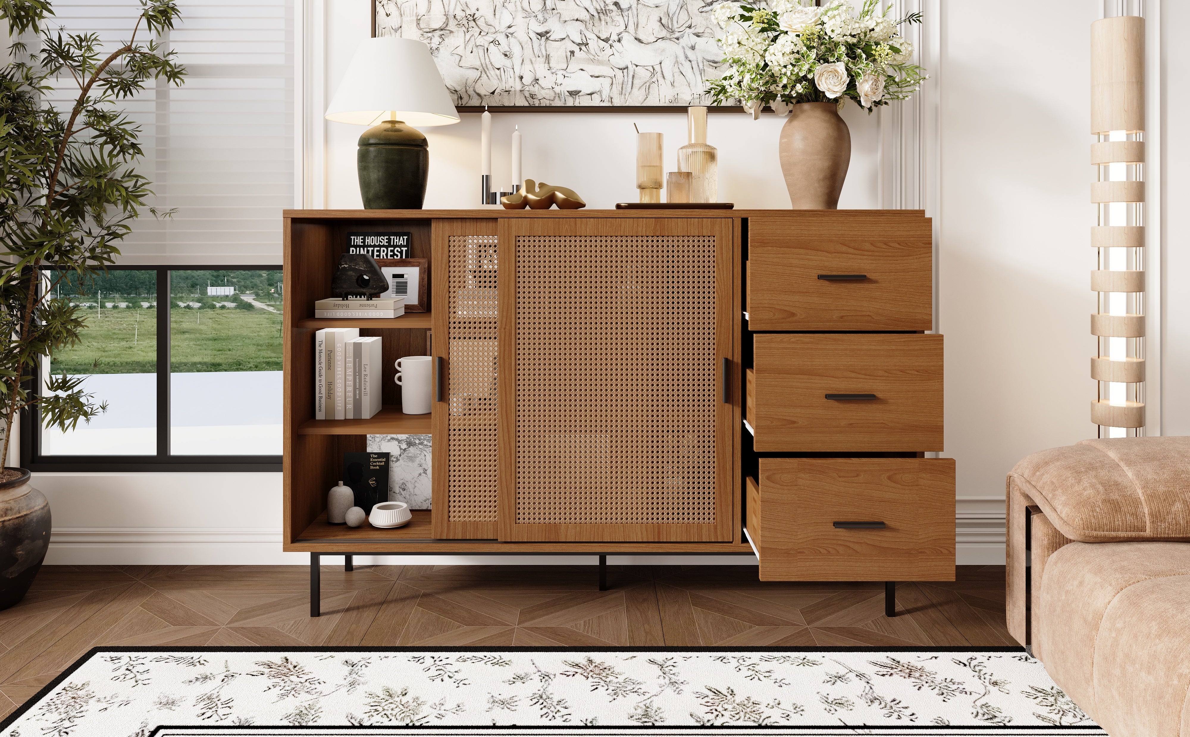 Logidon dressoir naturel 140x37x91cm met 2 schuifdeuren en 3 lades