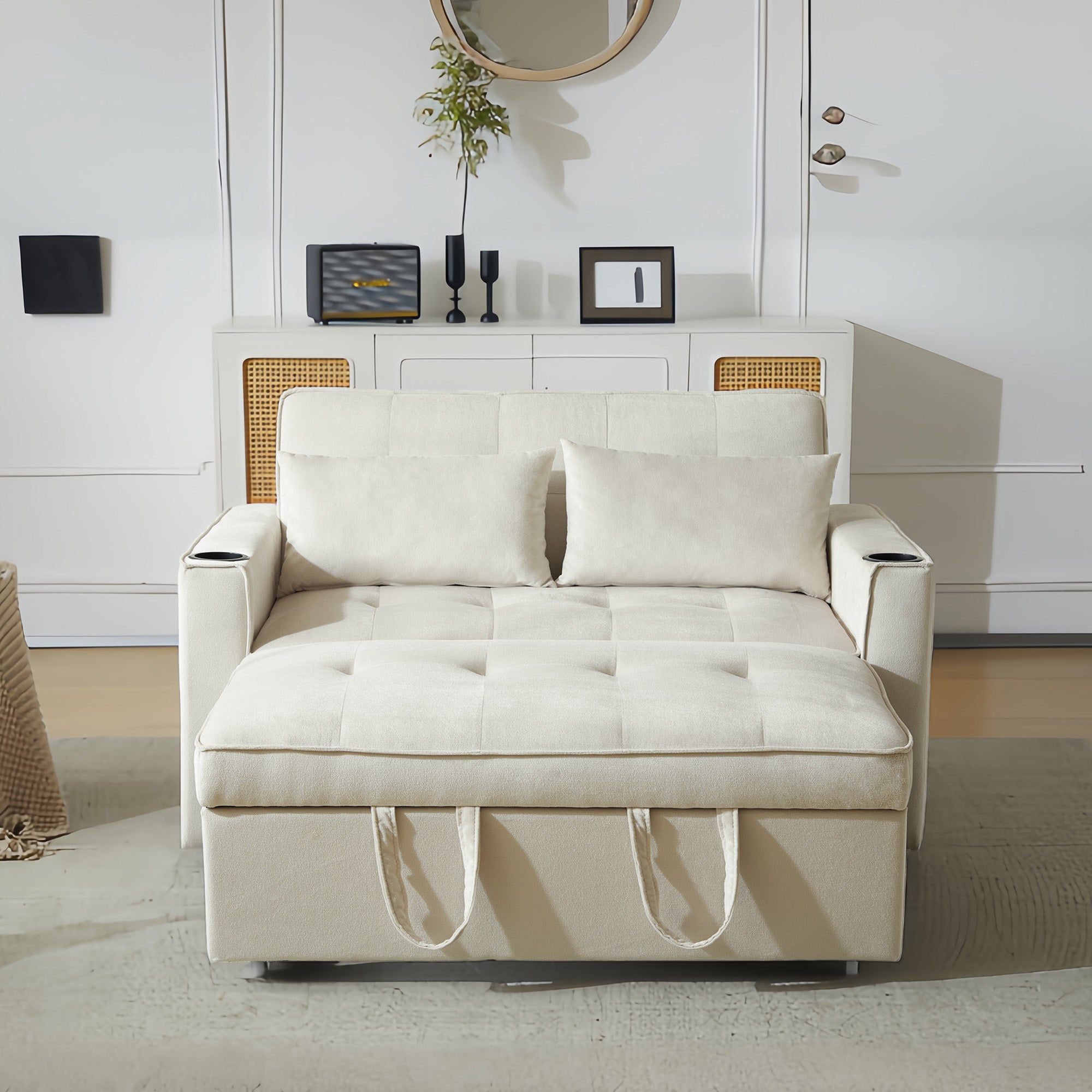 Logidon slaapbank beige fluweel met bekerhouder en kussen