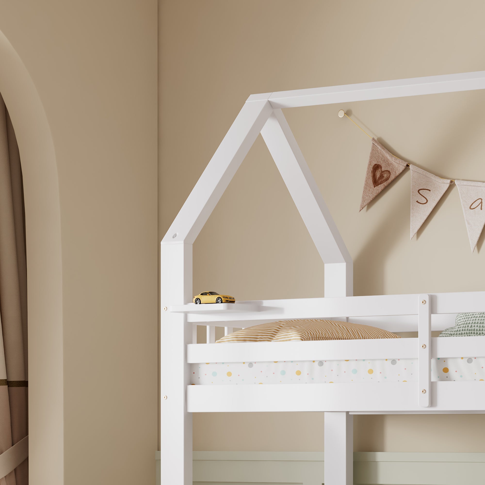 Logidon stapelbed kinderbed wit 90x200 en 140x200 met dakdesign