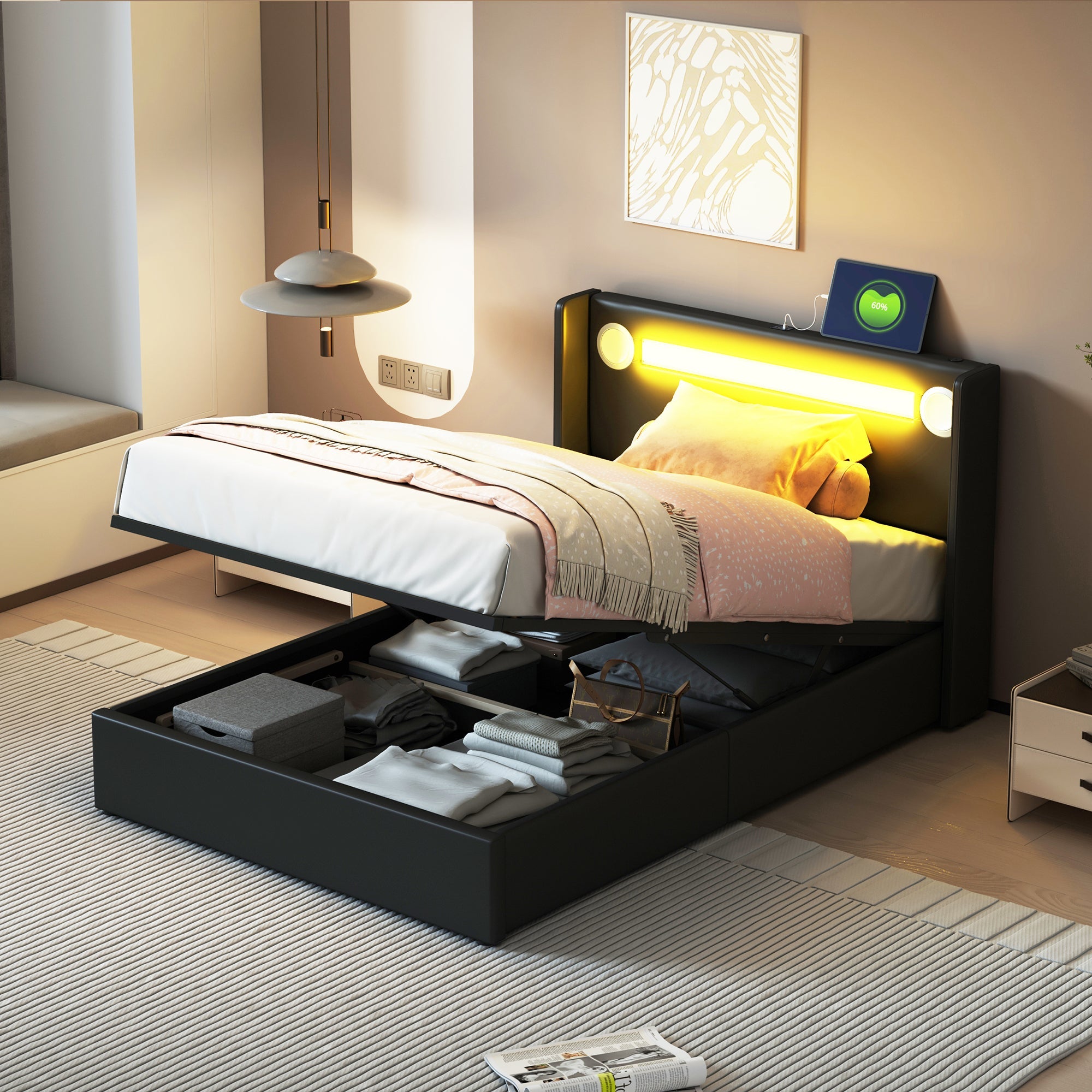 Logidon gestoffeerd bed 90x200 met LED lichtstrip Bluetooth USB zwart