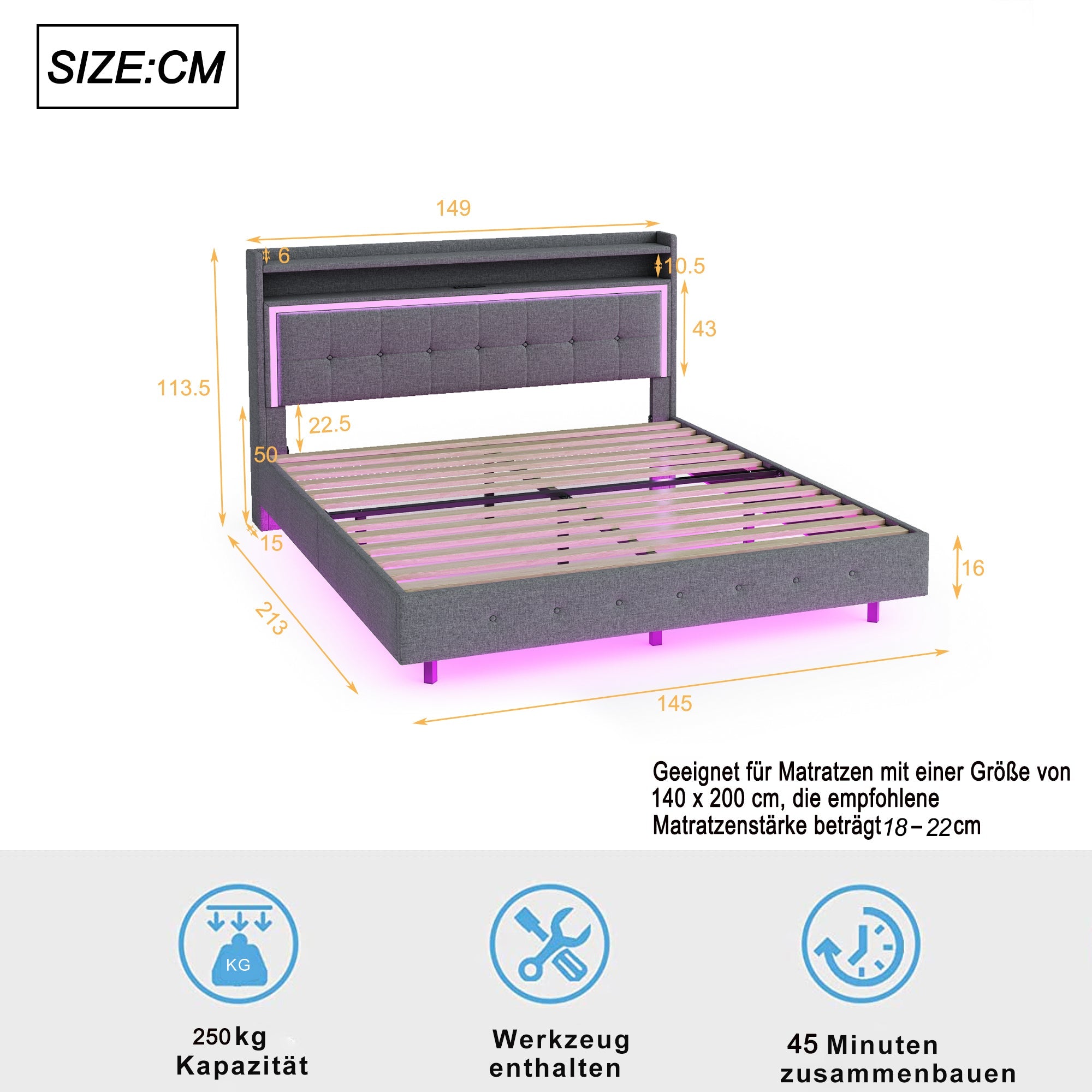 Logidon gestoffeerd bed 140x200 grijs met USB LED verlichting