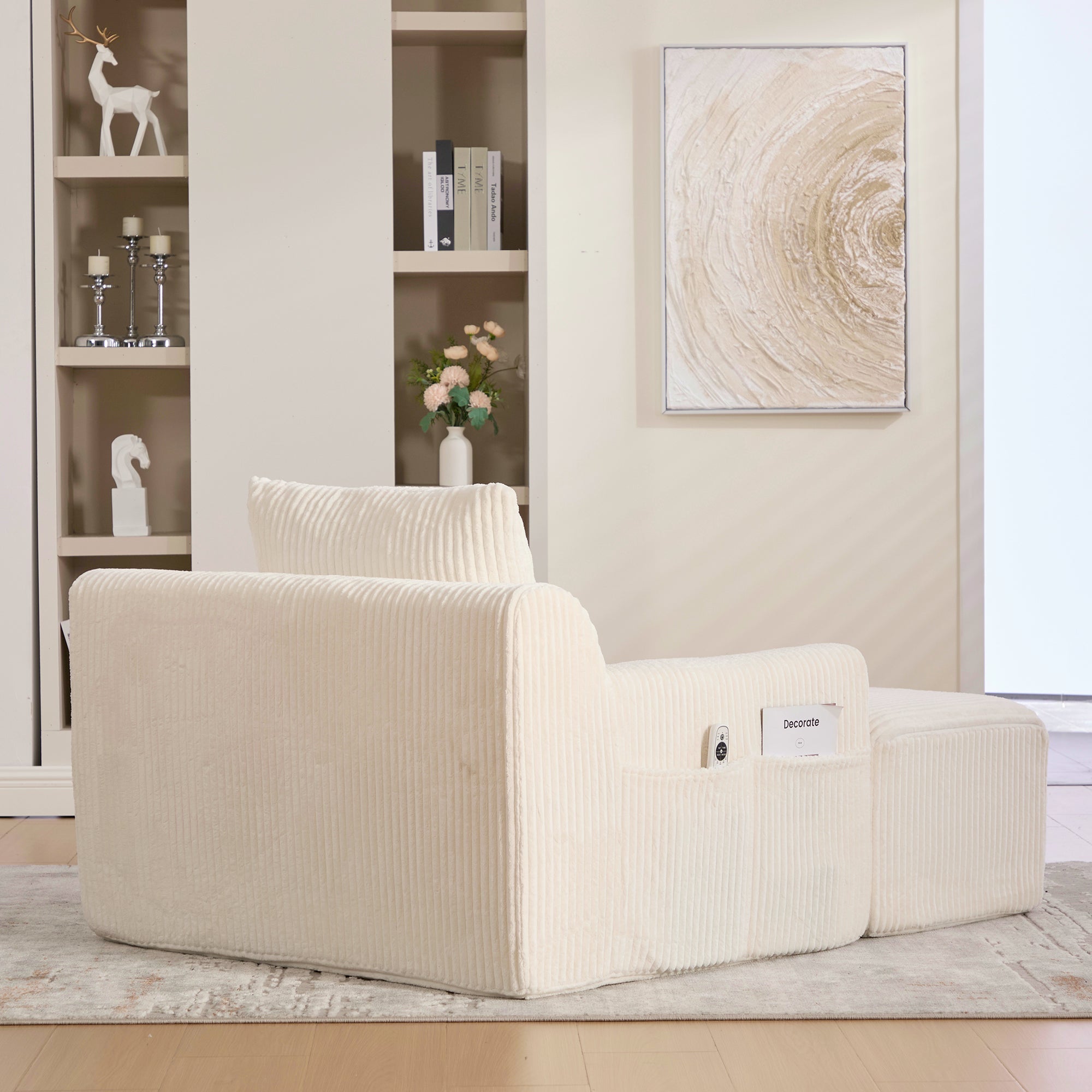 Logidon Oversized Corduroy Velvet Armchair Beige with Footstool and Cushion