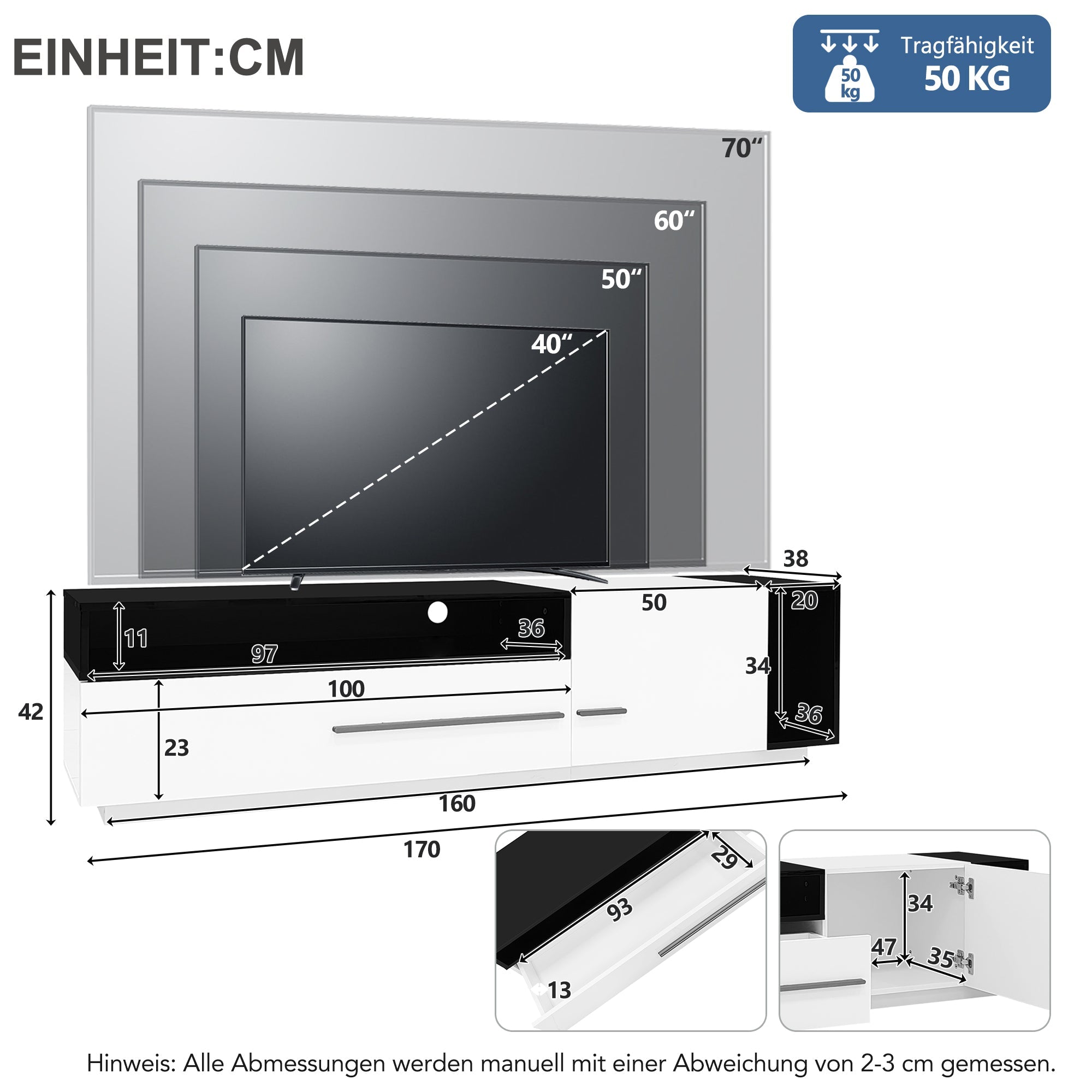 Logidon hoogglans TV-meubel 170 cm zwart wit met ladedeur