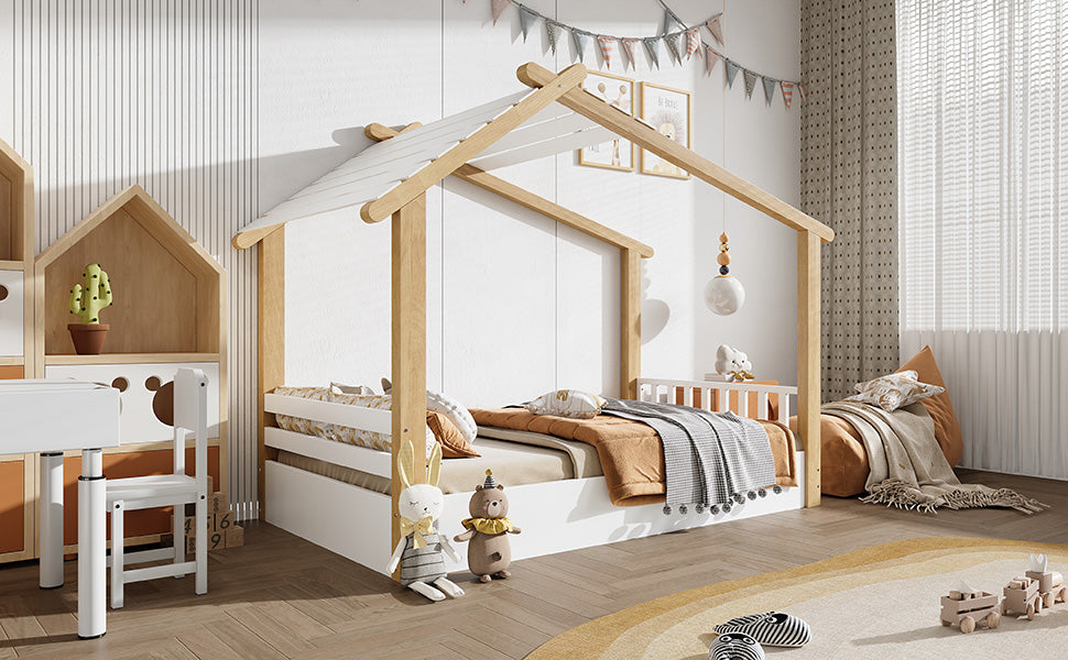 Logidon children's bed 90x200 cm white natural - wooden house design slatted frame