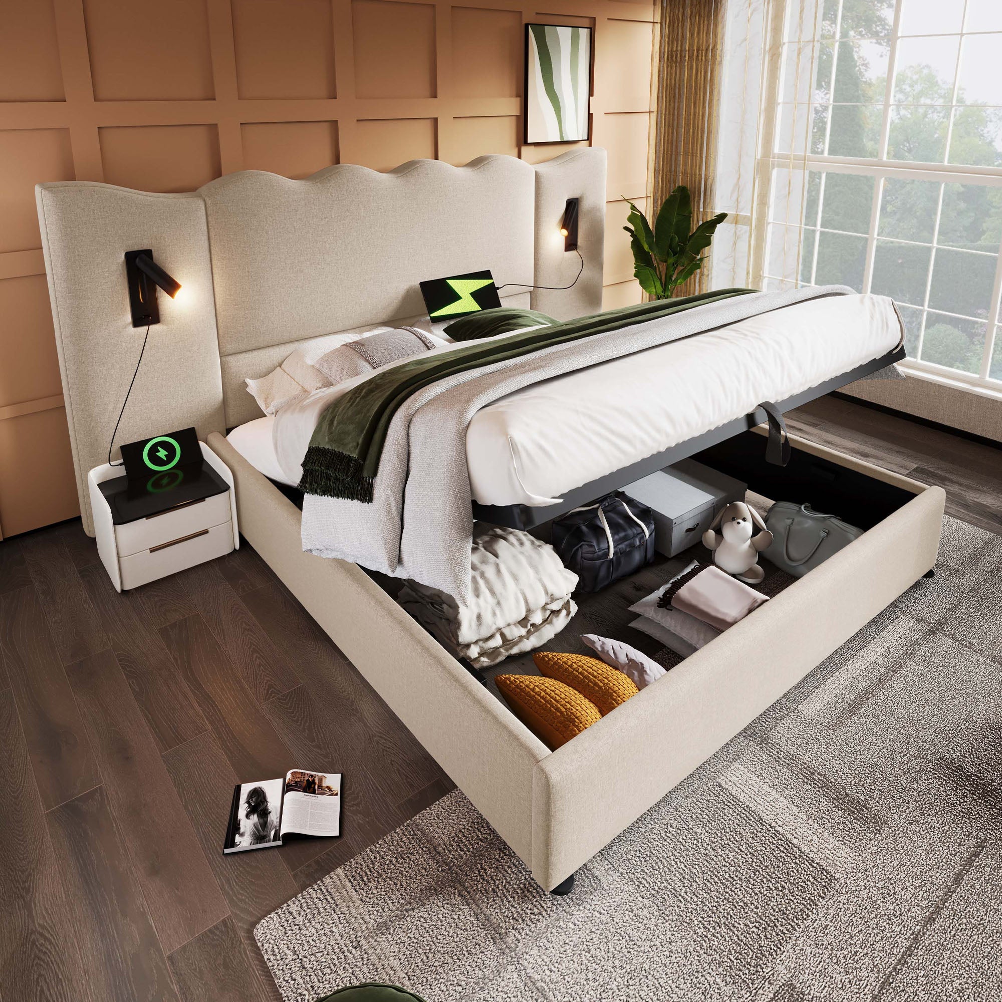 Logidon upholstered bed double bed 180x200 reading lamp USB C beige linen