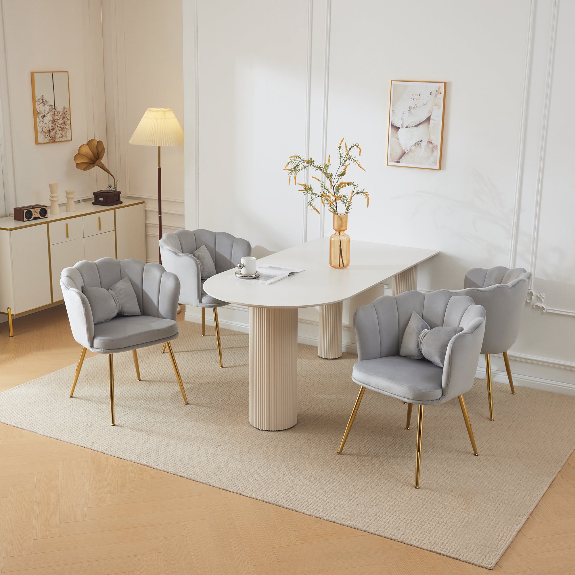 Logidon Four Modern Velvet Chairs Gray With Leaf Back Gold Legs
