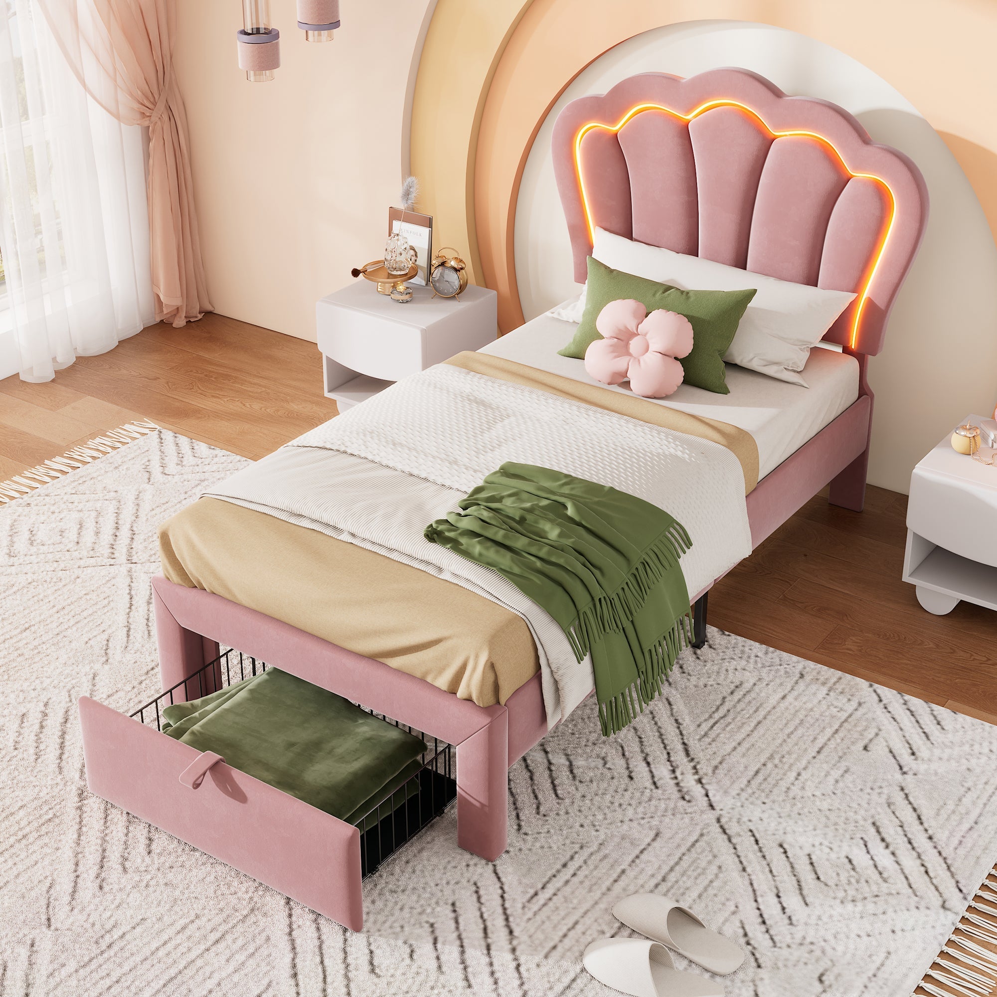 Logidon kinderbed LED 90x190 roze fluweel gestoffeerd bed met lades