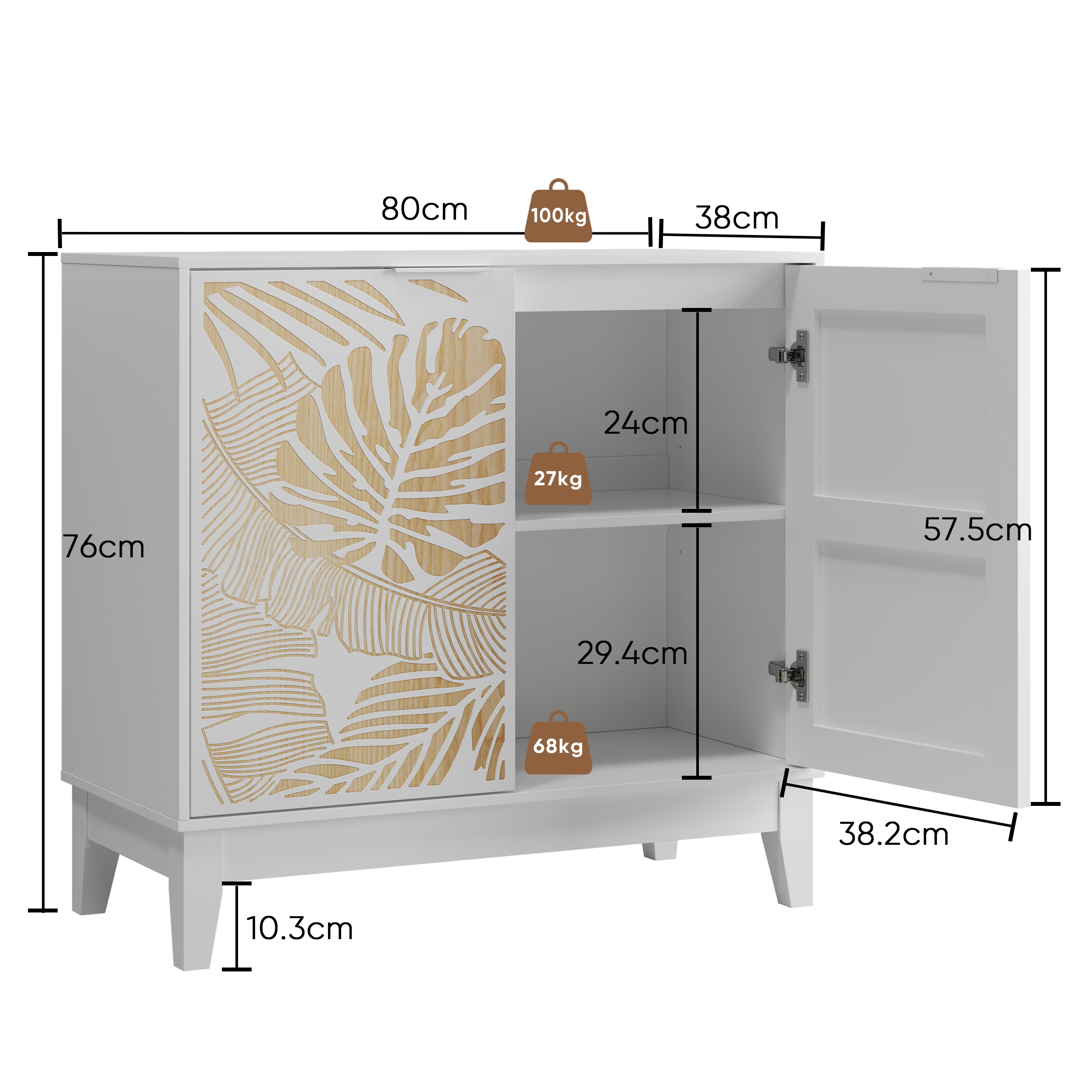 Logidon 80 cm vintage buffetkast wit met houtsnijwerk 2 deuren