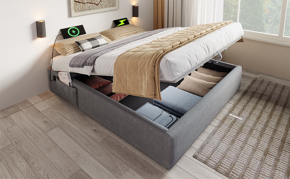 Logidon upholstered bed 160x200 gray with USB C and full-surface slatted frame
