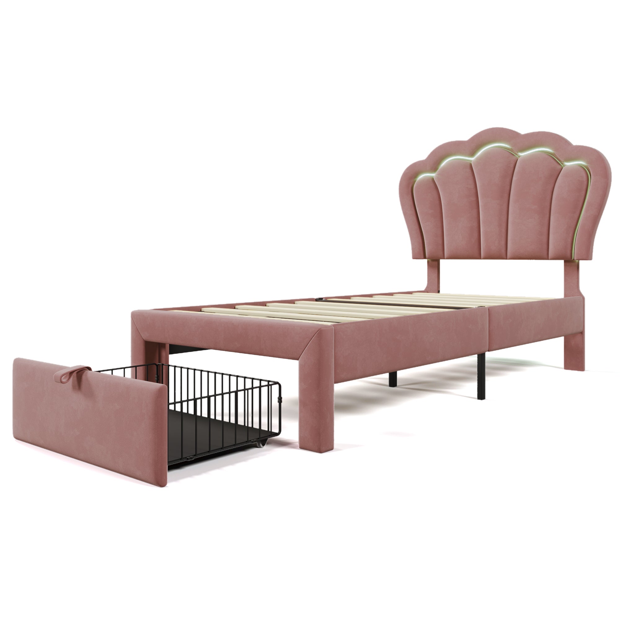 Logidon kinderbed LED 90x190 roze fluweel gestoffeerd bed met lades