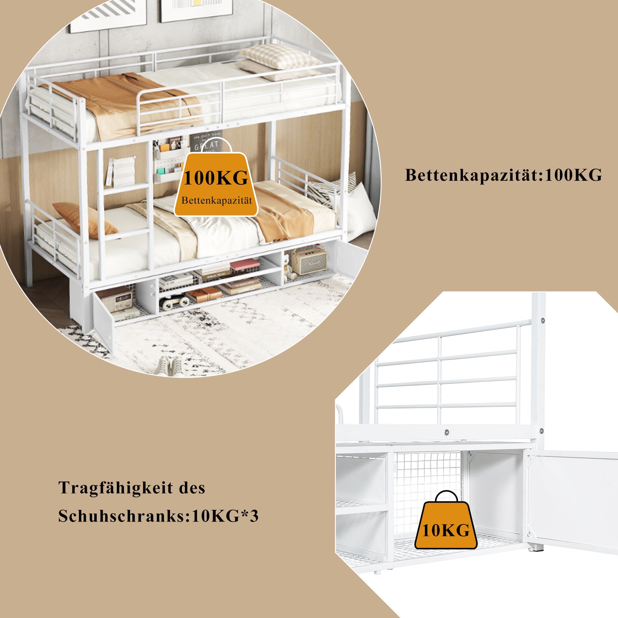Logidon IJzeren Framebed Stapelbed Met Schoenenkast Wit 90x200 cm