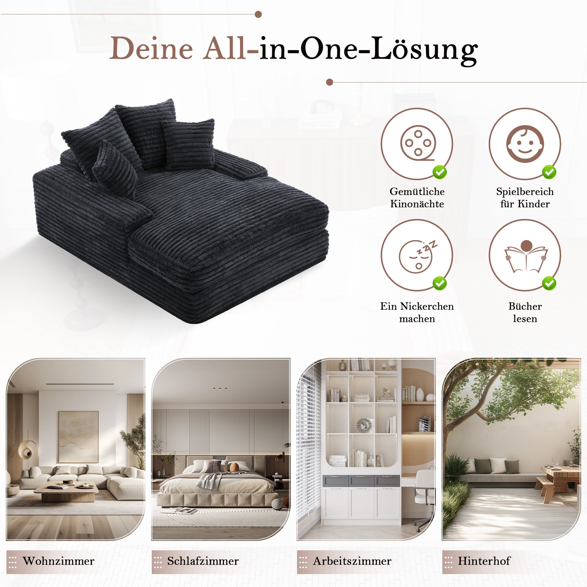 Logidon Luxe Cord Sofa Multifunctionele Slaapbank 4 Kussens Grijs