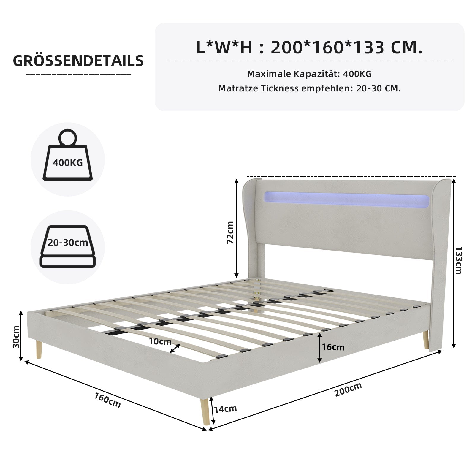 Logidon modern gestoffeerd bed beige 160x200 LED-hoofdeinde