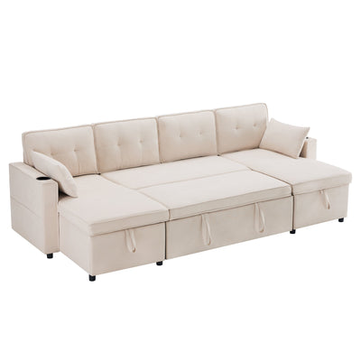 Logidon U-vormige slaapbank, beige stof, grote 4-zits bekerhouder
