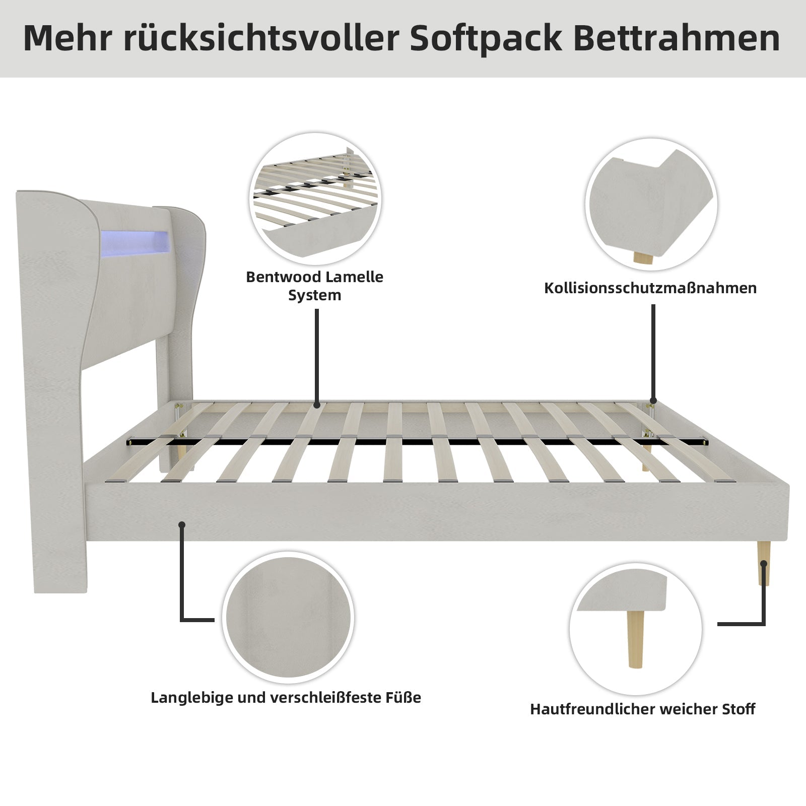 Logidon modern gestoffeerd bed beige 160x200 LED-hoofdeinde