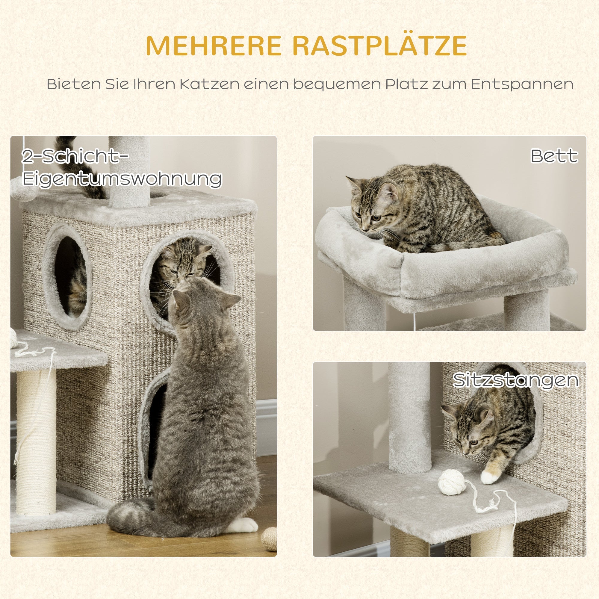 Logidon kattenkrabpaal 91cm met 2 kattengrotten sisalzuilen lichtgrijs