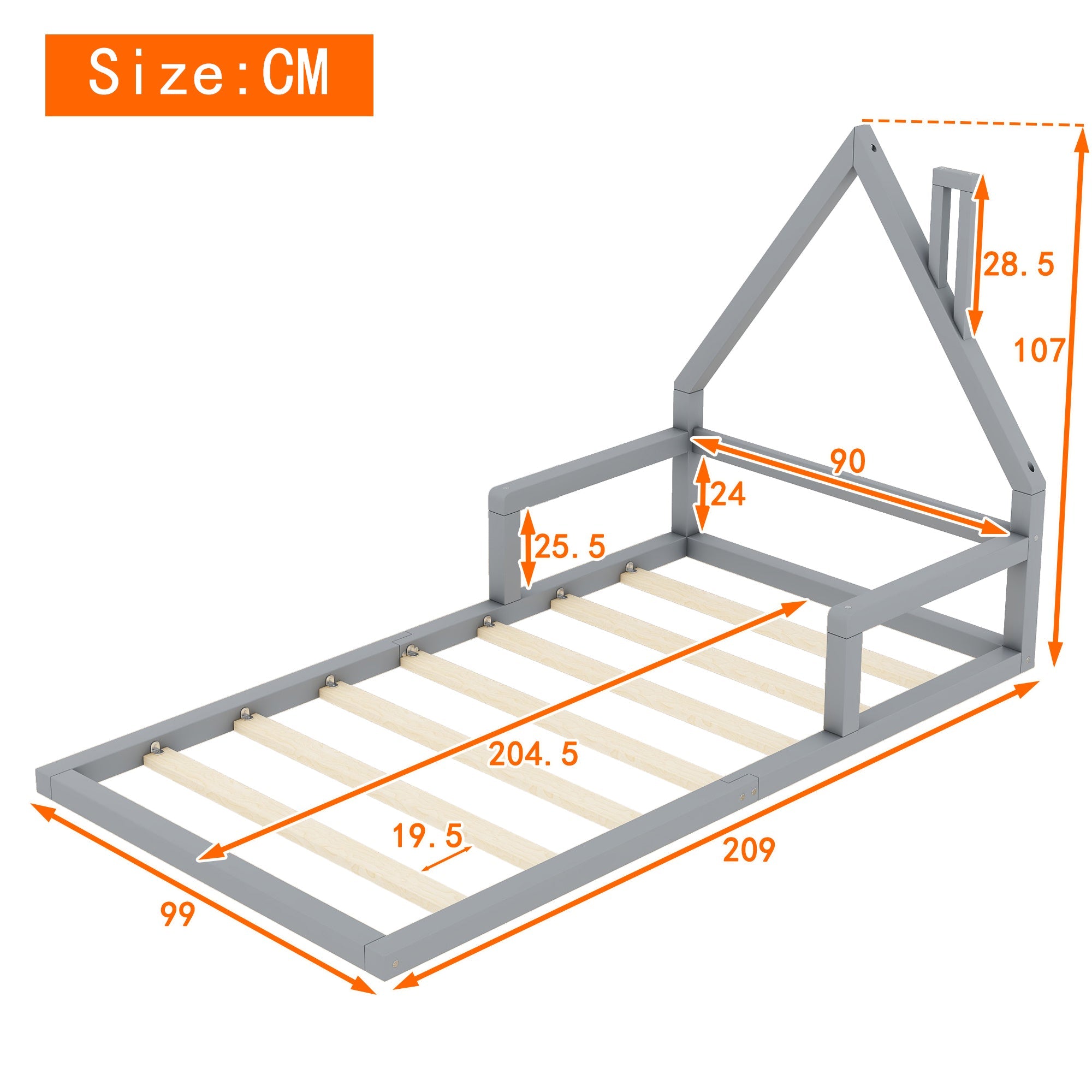 Logidon kinderbed 90x200 cm plat bed huisvorm grijs massief hout