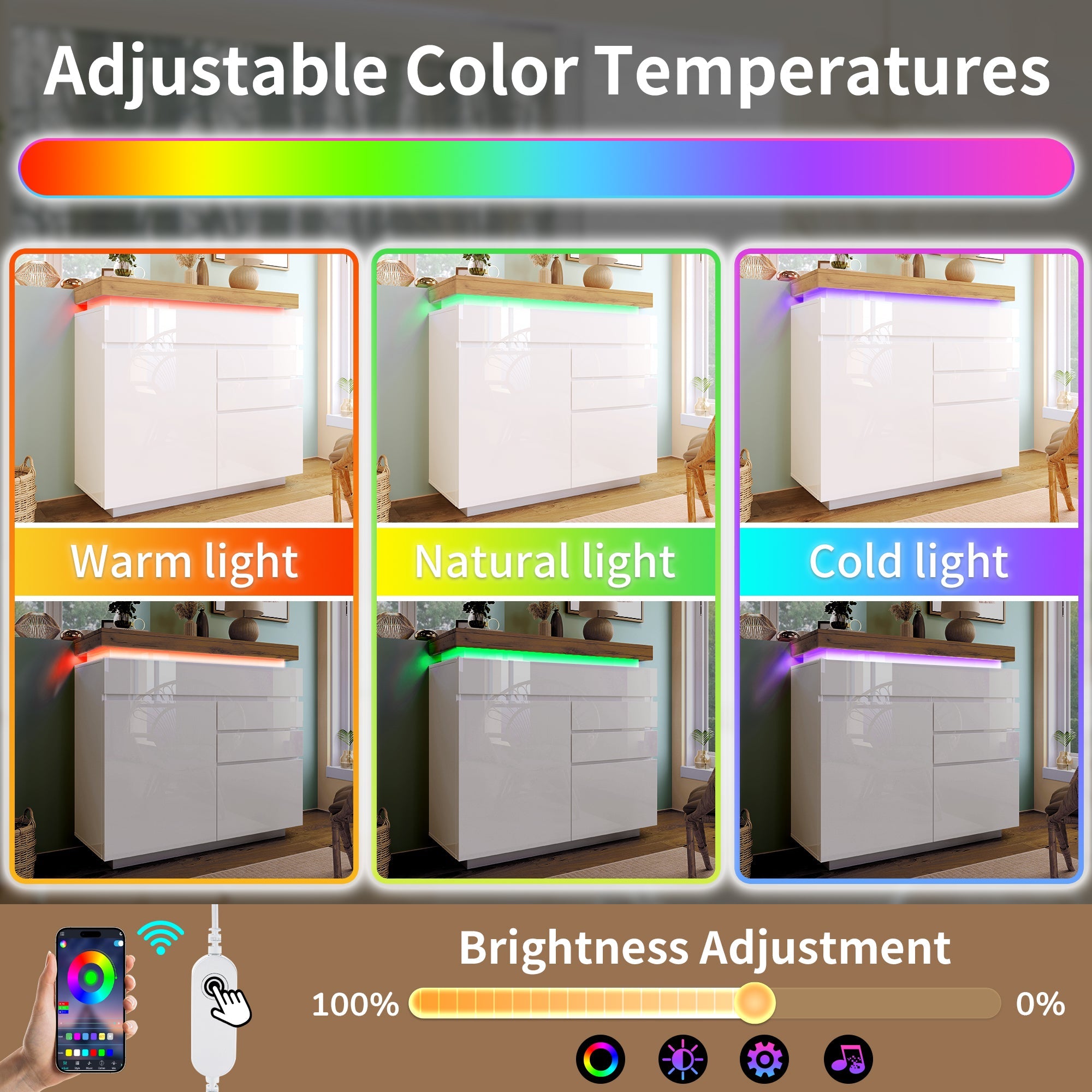 Logidon high gloss chest of drawers white LED lighting app control 2 doors