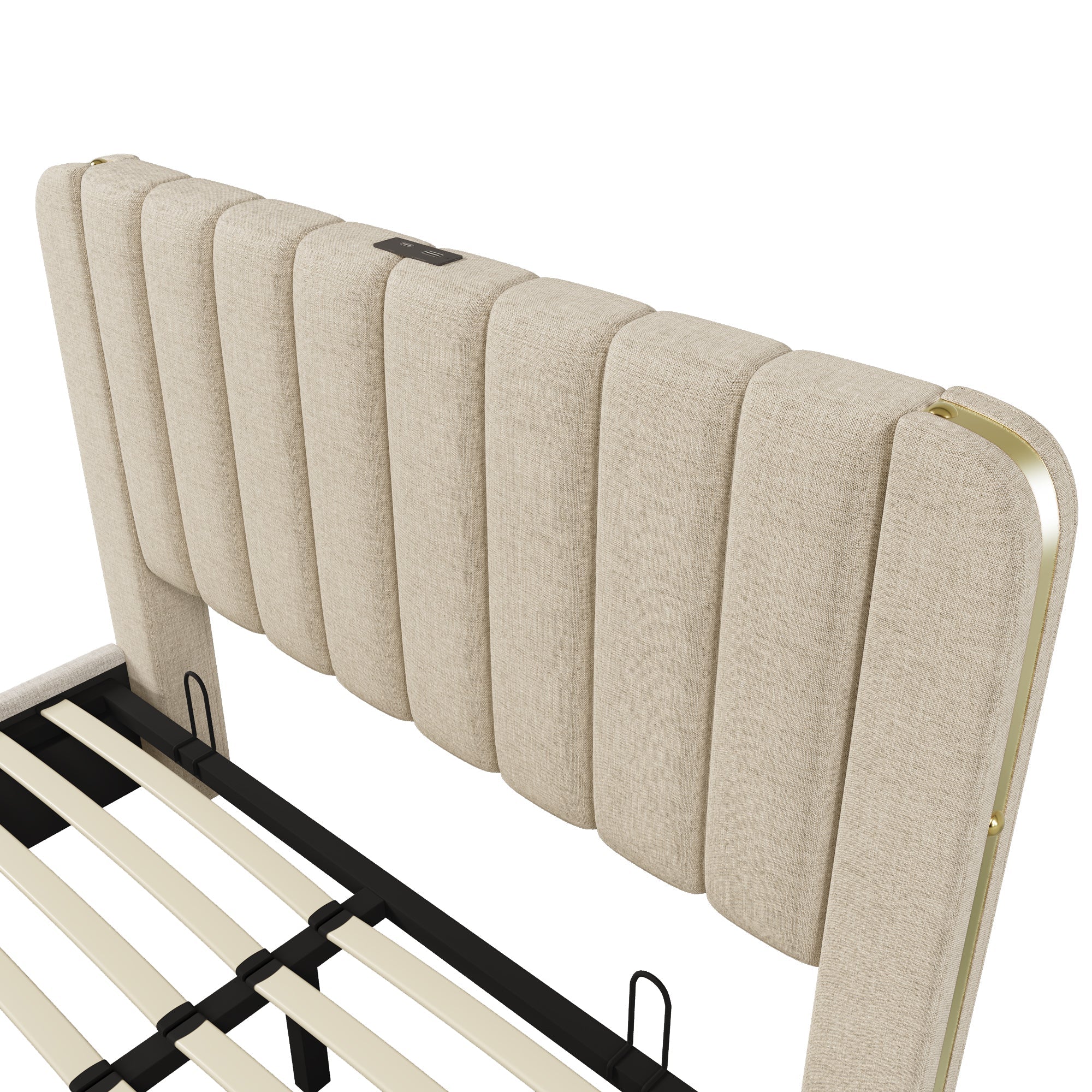 Logidon upholstered bed 140x200 golden decorative stripes headboard beige