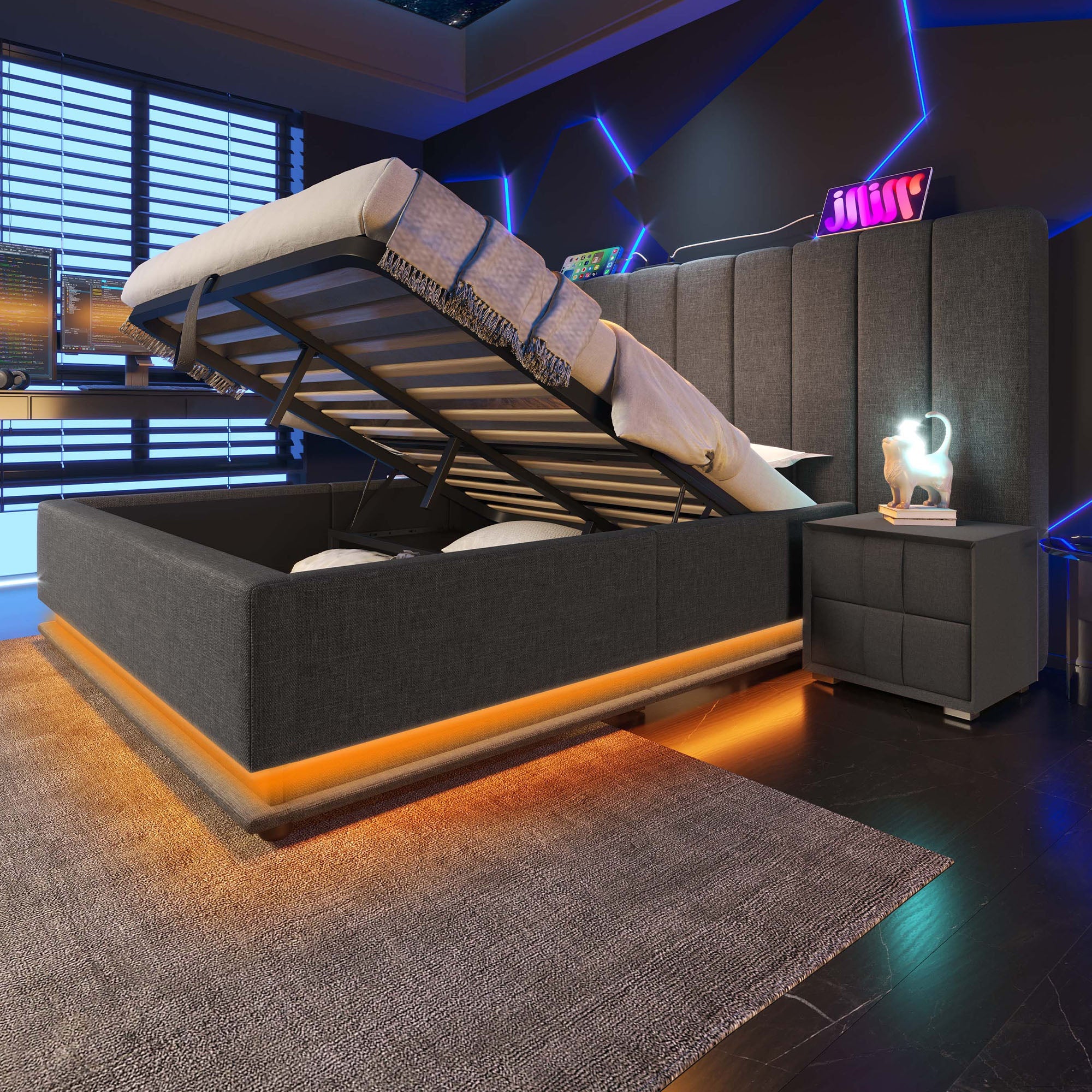 Logidon gestoffeerd bed 160x200 grijs met opbergruimte LED app bediening