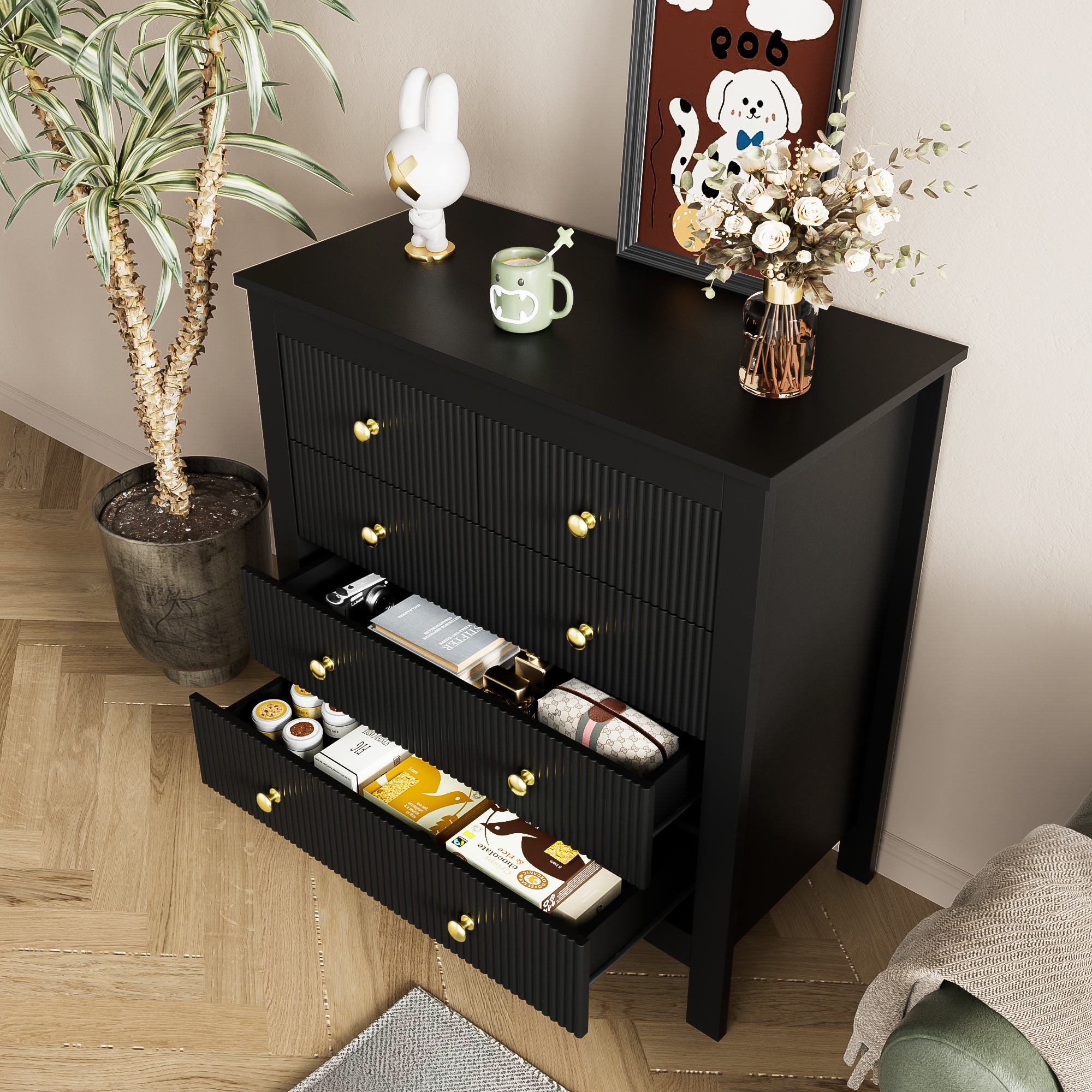 Logidon Dressoir 5 Laden Zwarte Ladekast Met Gouden Handgrepen 79 cm