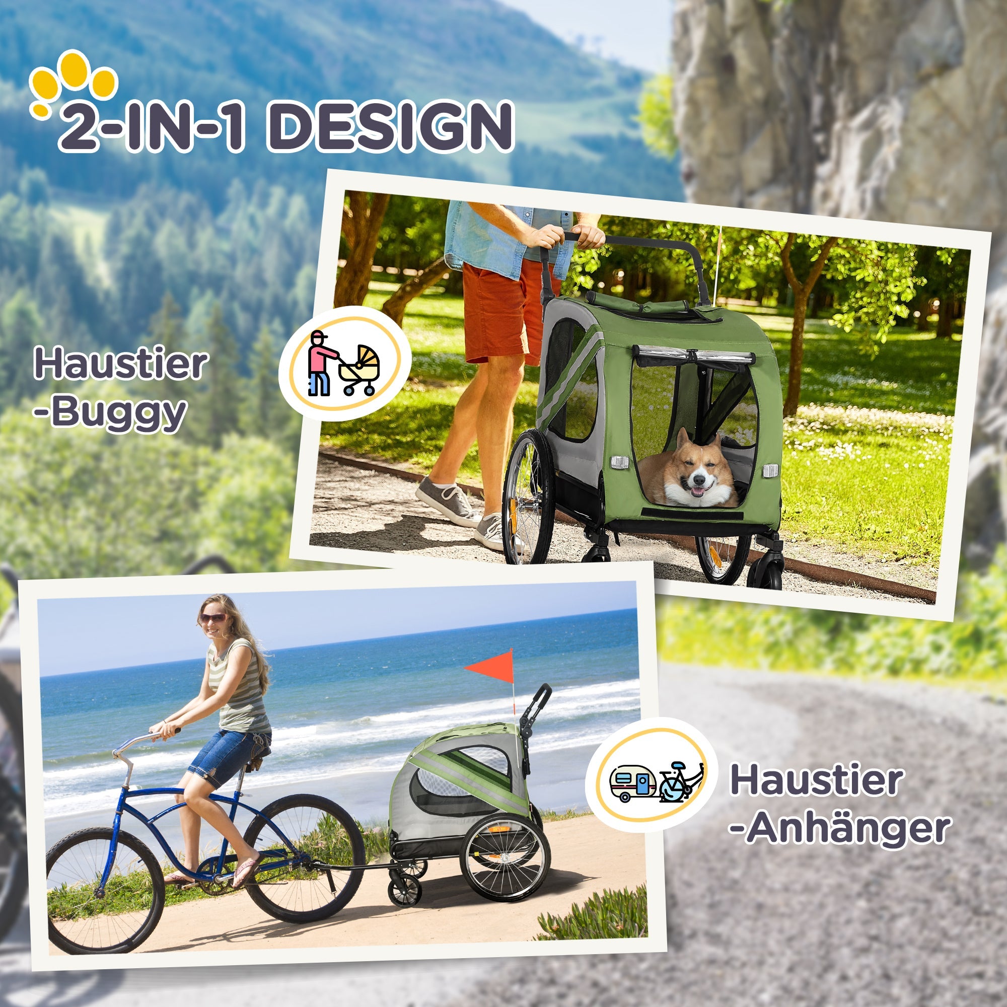 Logidon PawHut 2 in 1 hondenkar buggy groen voor middelgrote honden
