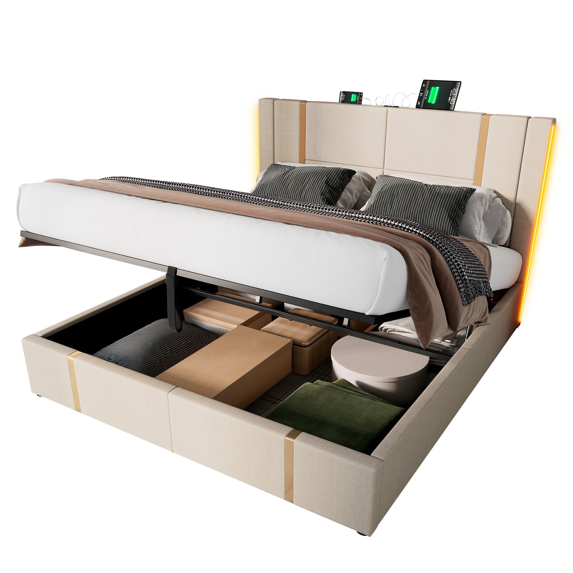 Logidon tweepersoonsbed 140x200 USB C oplaadfunctie APP LED beige linnen