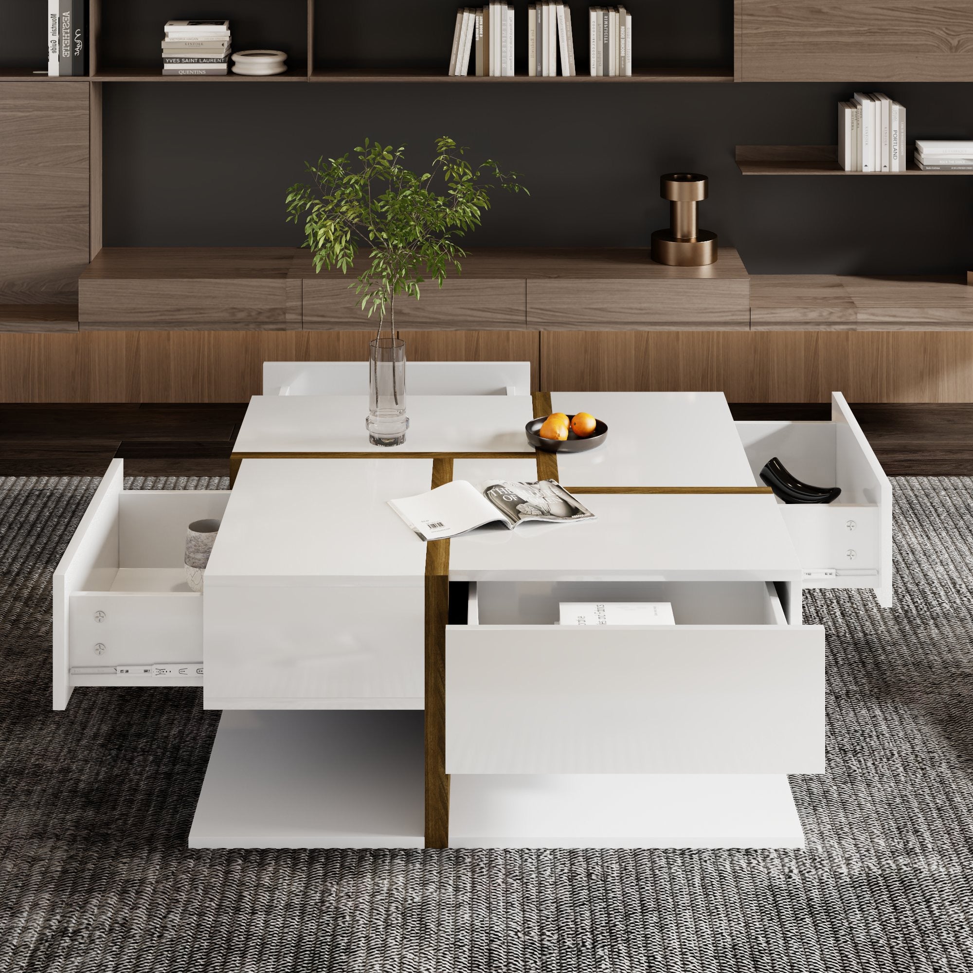 Logidon hoogglans salontafel wit met vier lades 78x78 cm
