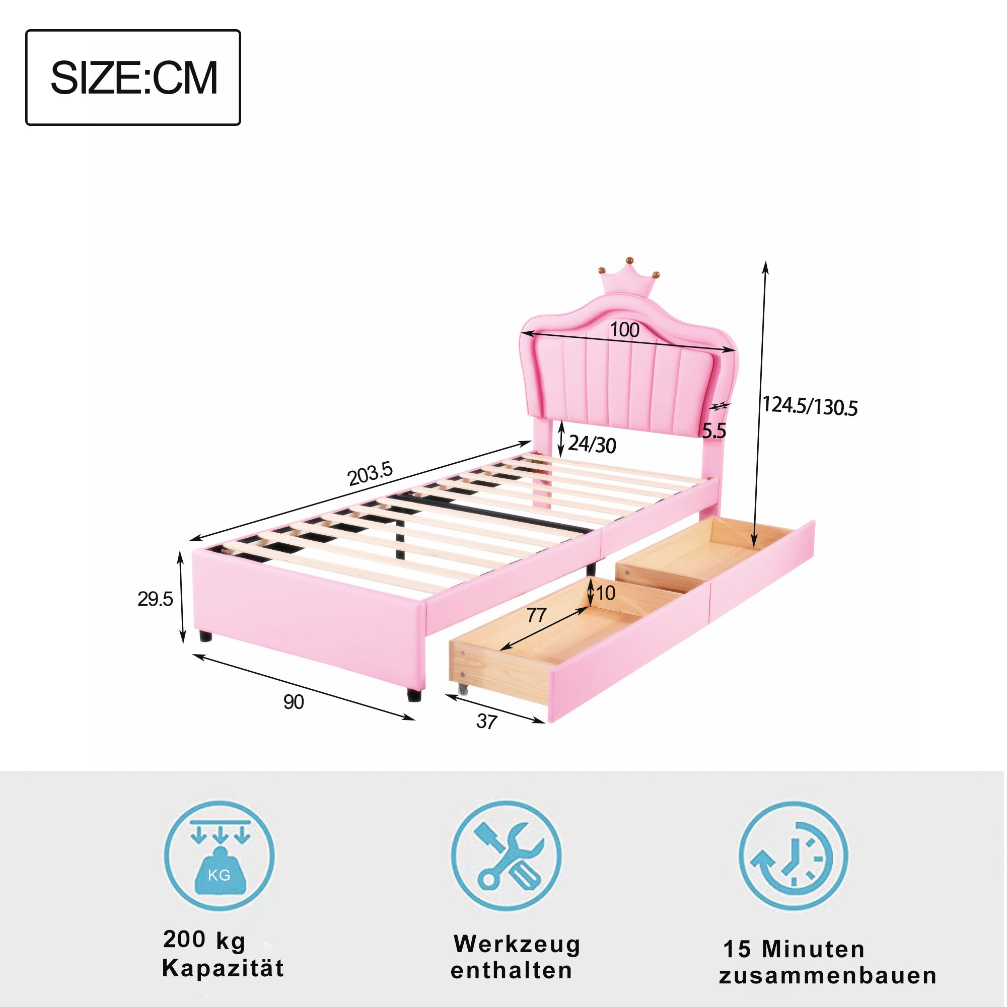 Logidon kinderbed roze 90x200 gestoffeerd bed met LED verlichting