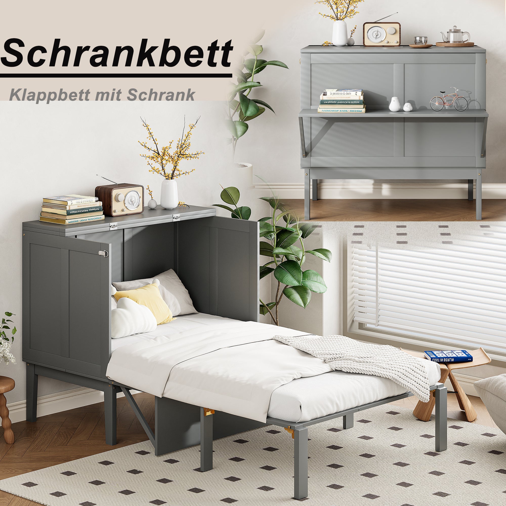 Logidon Murphy bed 90x200 grijs verticaal opklapbed met lattenbodem