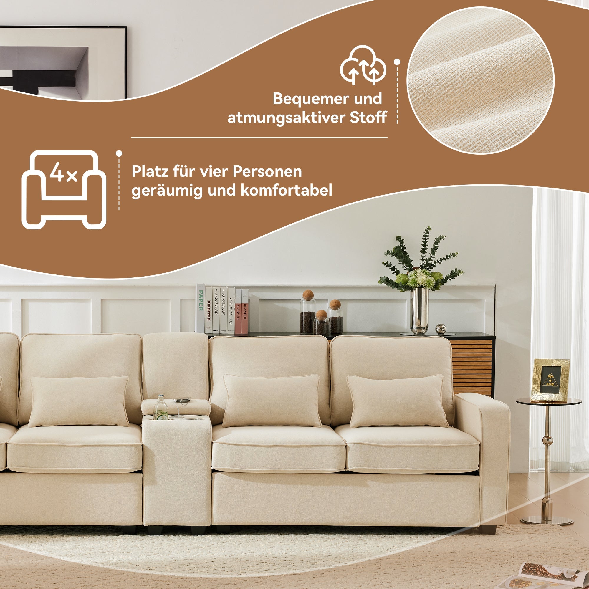 Logidon Modern 4 Seater Sofa Made of Beige Linen Fabric with Console
