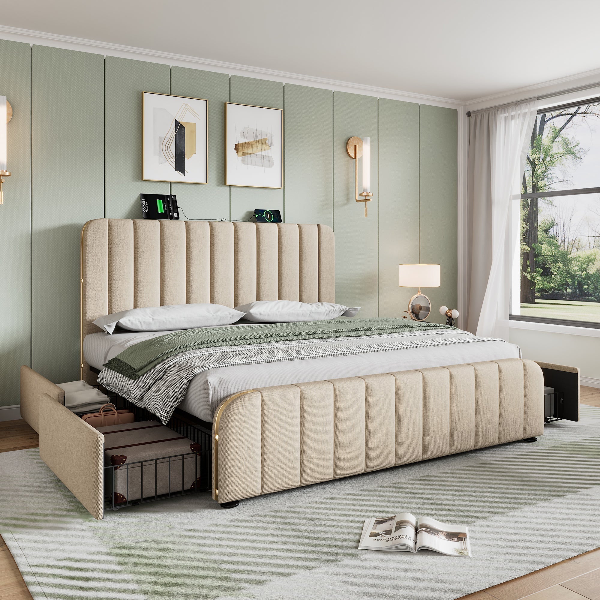 Logidon gestoffeerd bed 160x200 beige linnen USB C oplaadfunctie