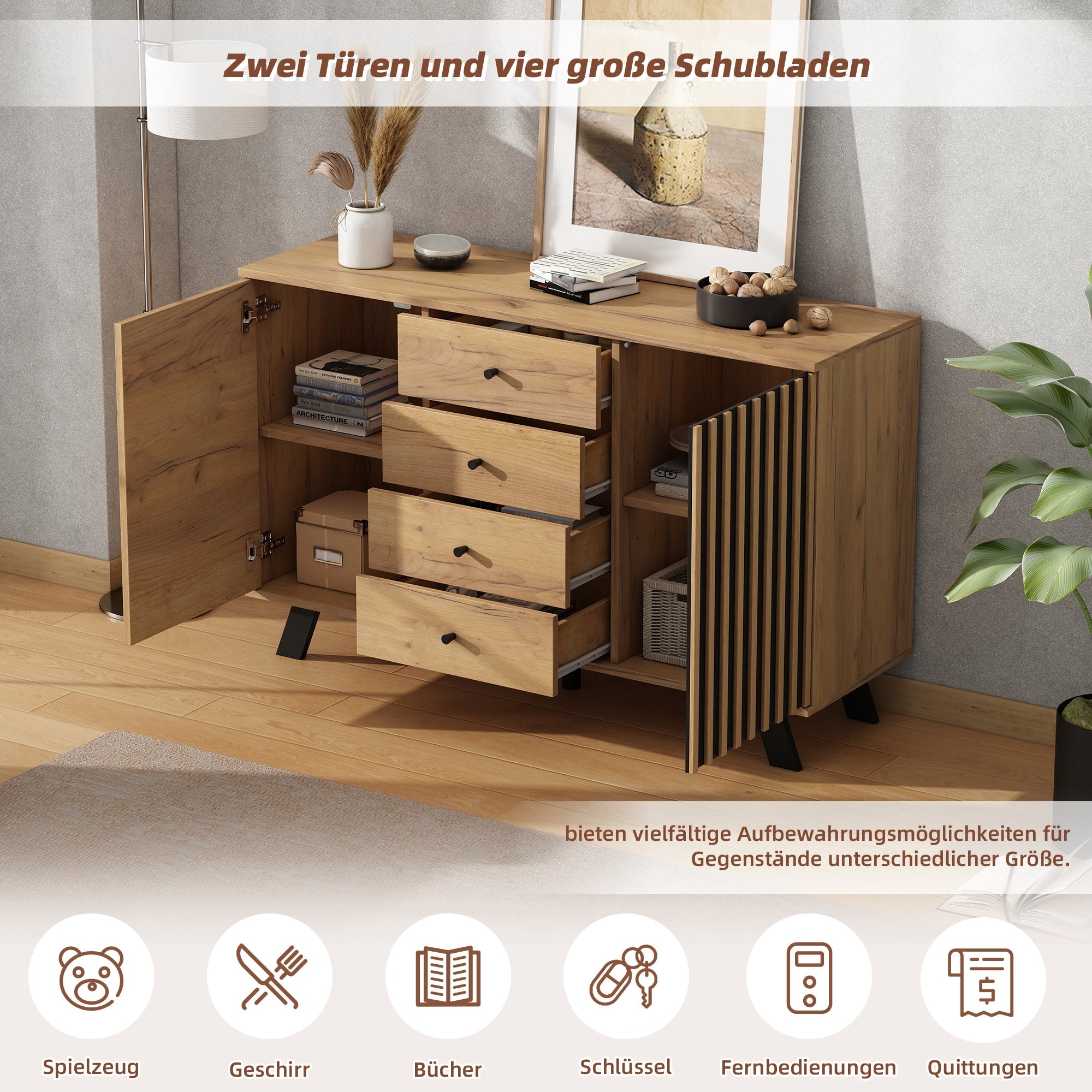 Logidon sideboard 120x38x75cm 4 drawers 2 doors hollow design