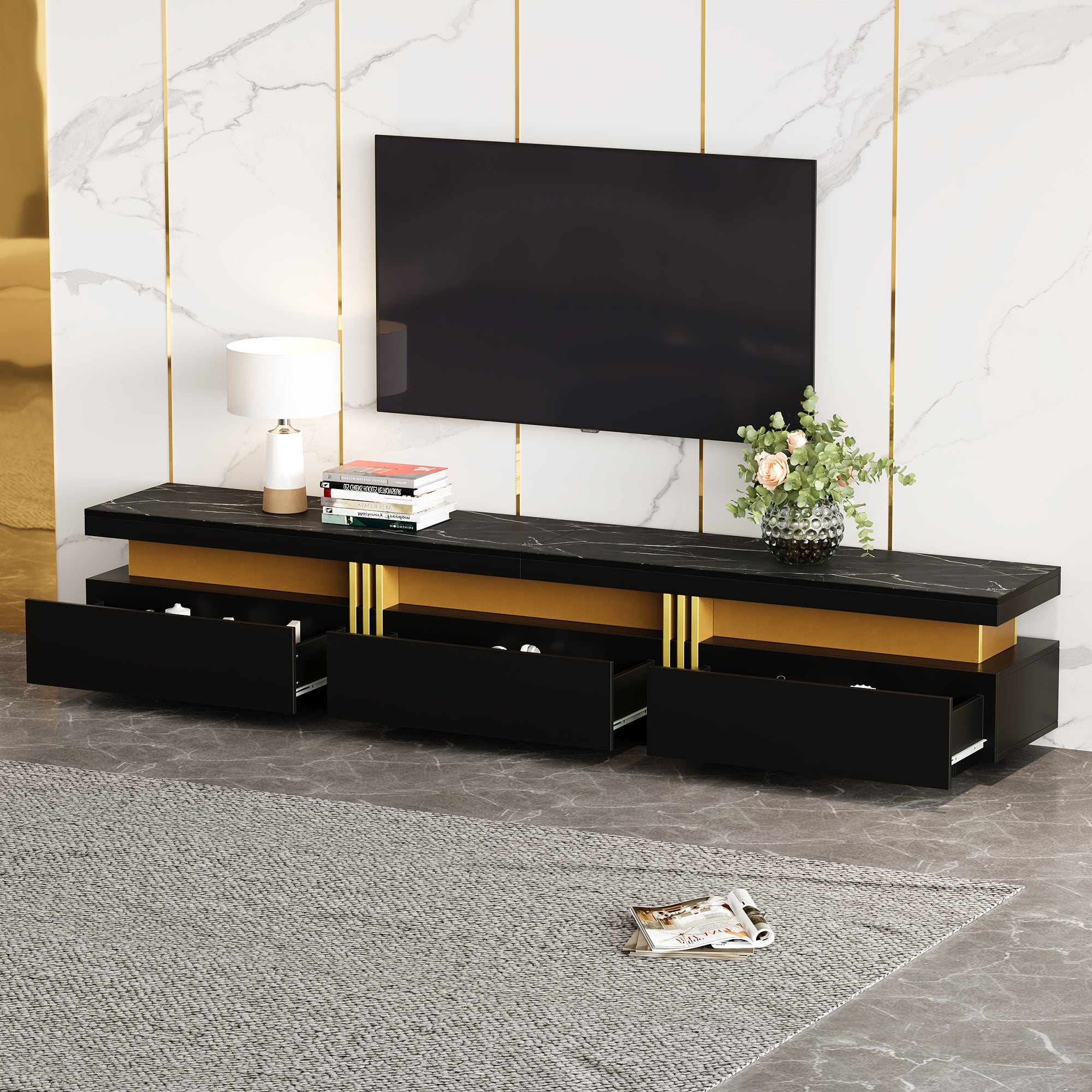 Logidon Zwarte tv-wandmeubelset 2 tv-kast salontafel marmerlook