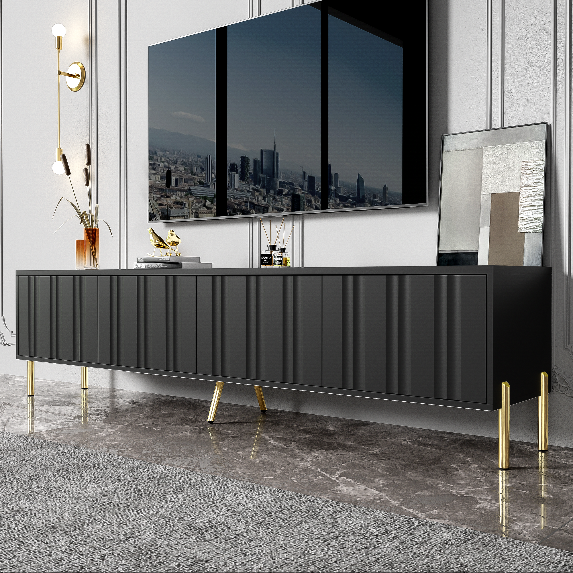 Logidon Zwart TV-meubel met Gouden Tafelpoten 190 cm