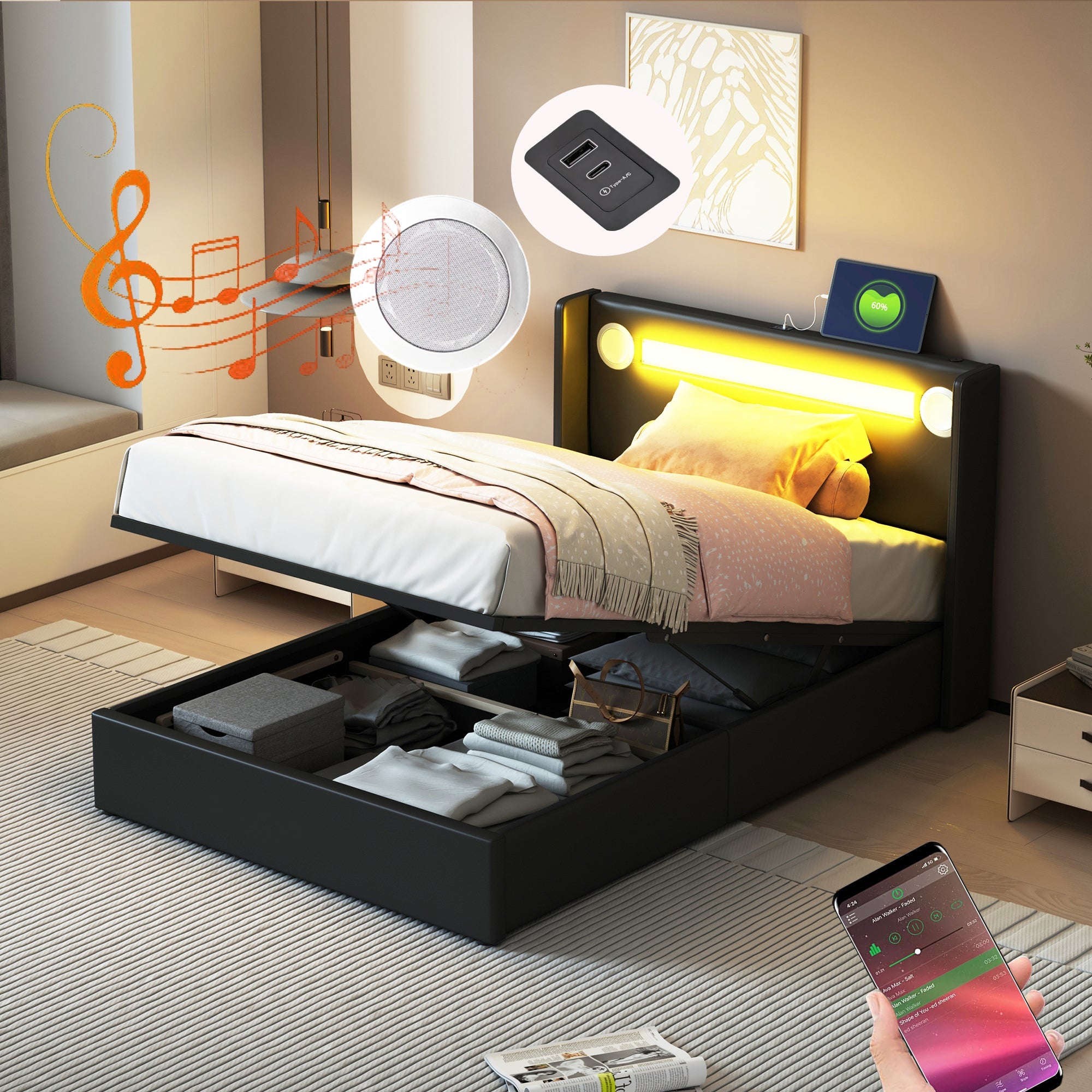 Logidon gestoffeerd bed 90x200 met LED lichtstrip Bluetooth USB zwart