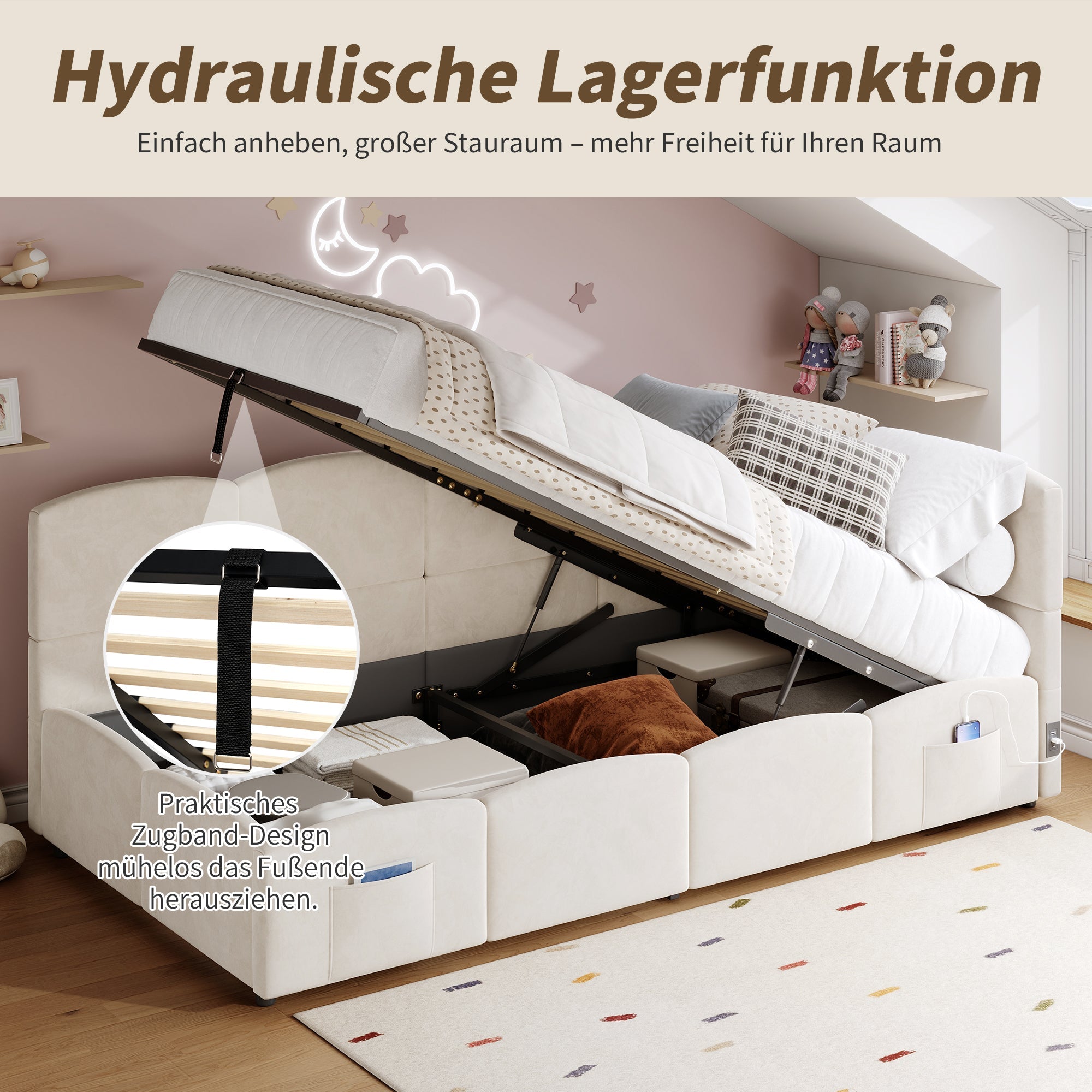 Logidon gestoffeerd bed 90x200 beige fluweel met opbergruimte