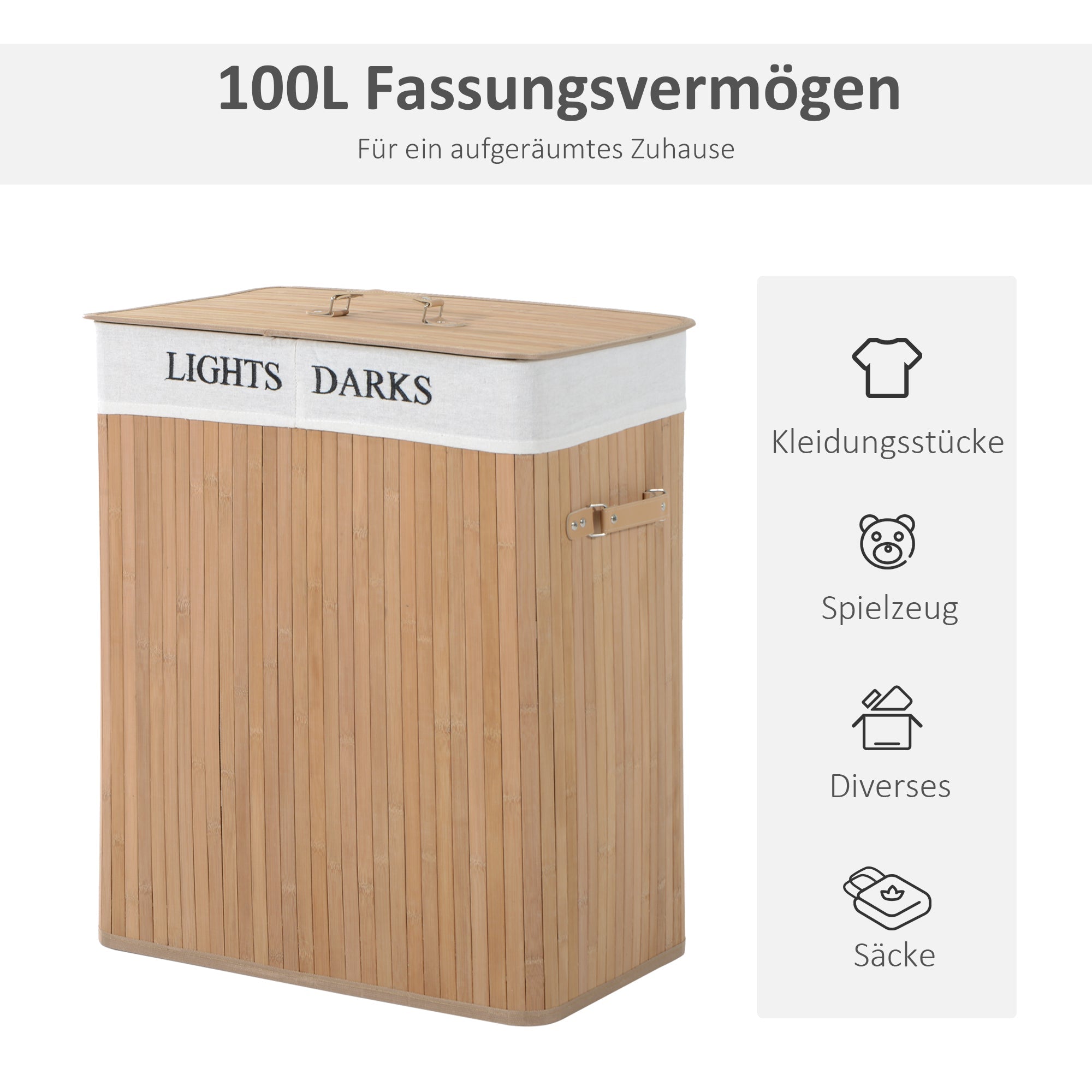Logidon wasmand 100L met deksel naturel bamboe 52x32x63 cm