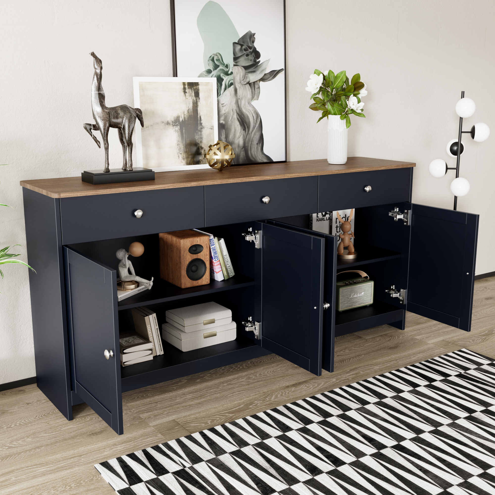 Logidon Dressoir Grijs Zwart Met Houtnerf 4 Deurs Drie Laden