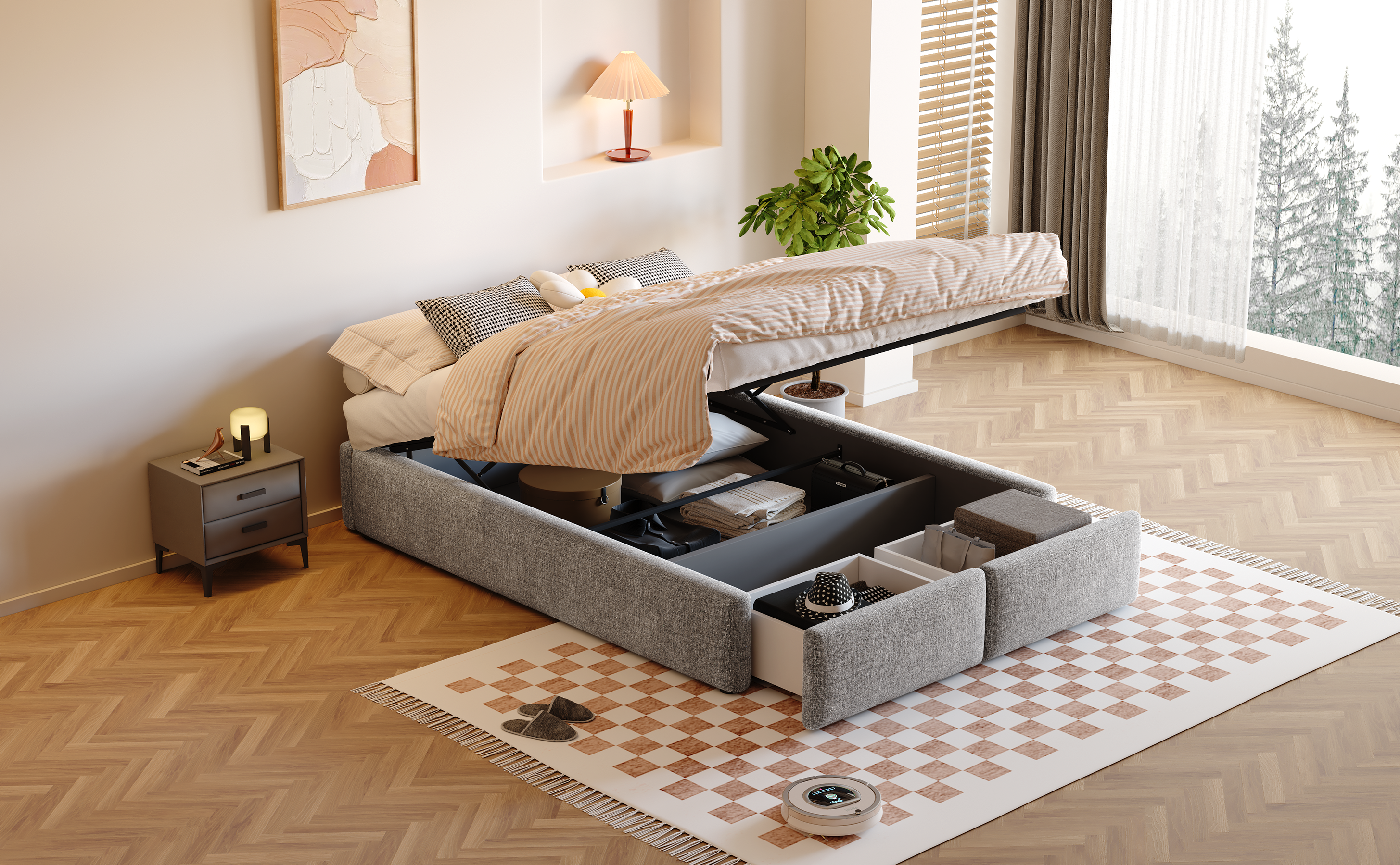 Logidon gestoffeerd bed 140x200 grijs hydraulische opbergruimte 2 lades