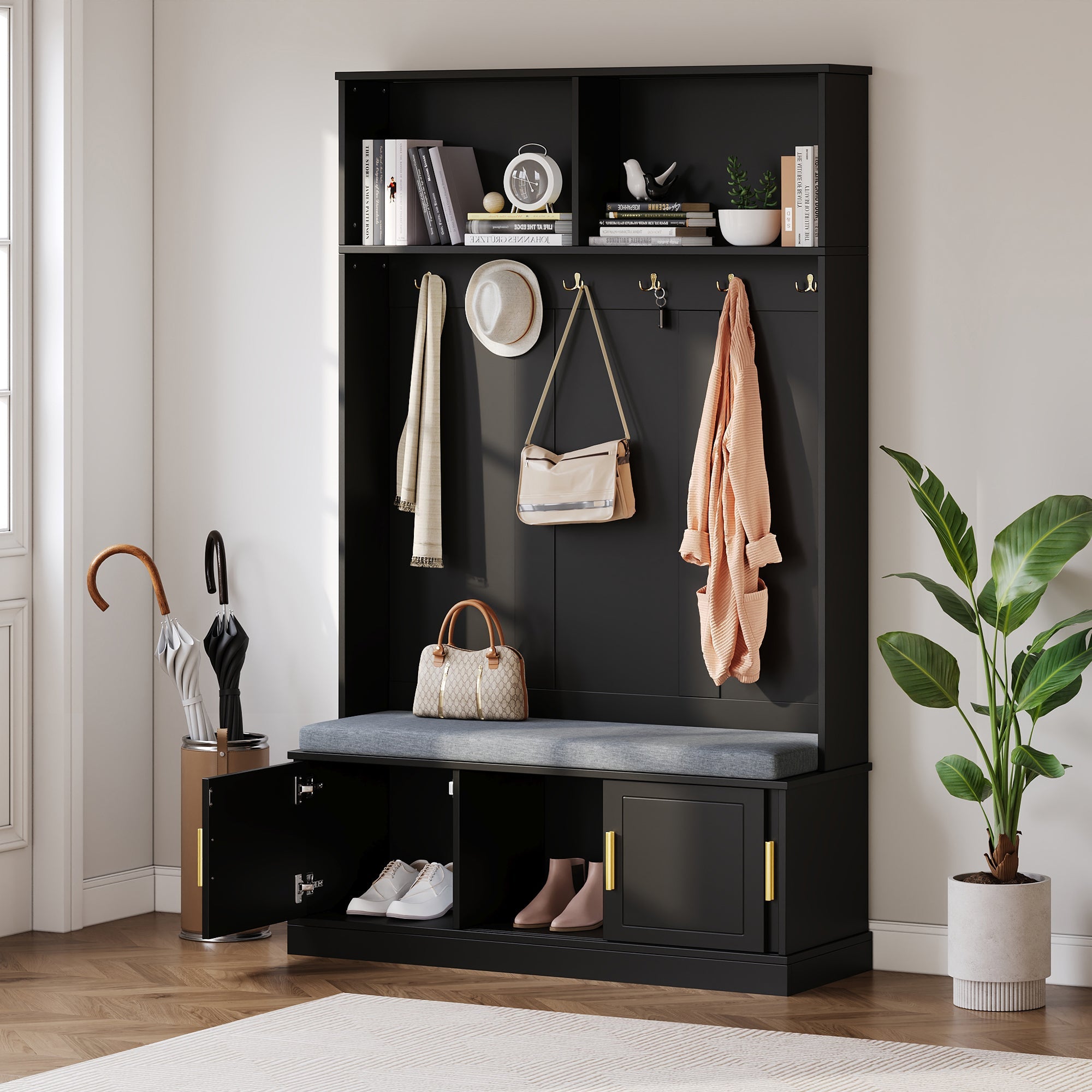 Logidon kapstok schoenenbank met 6 drievoudige haken zwart 120x40x191 cm