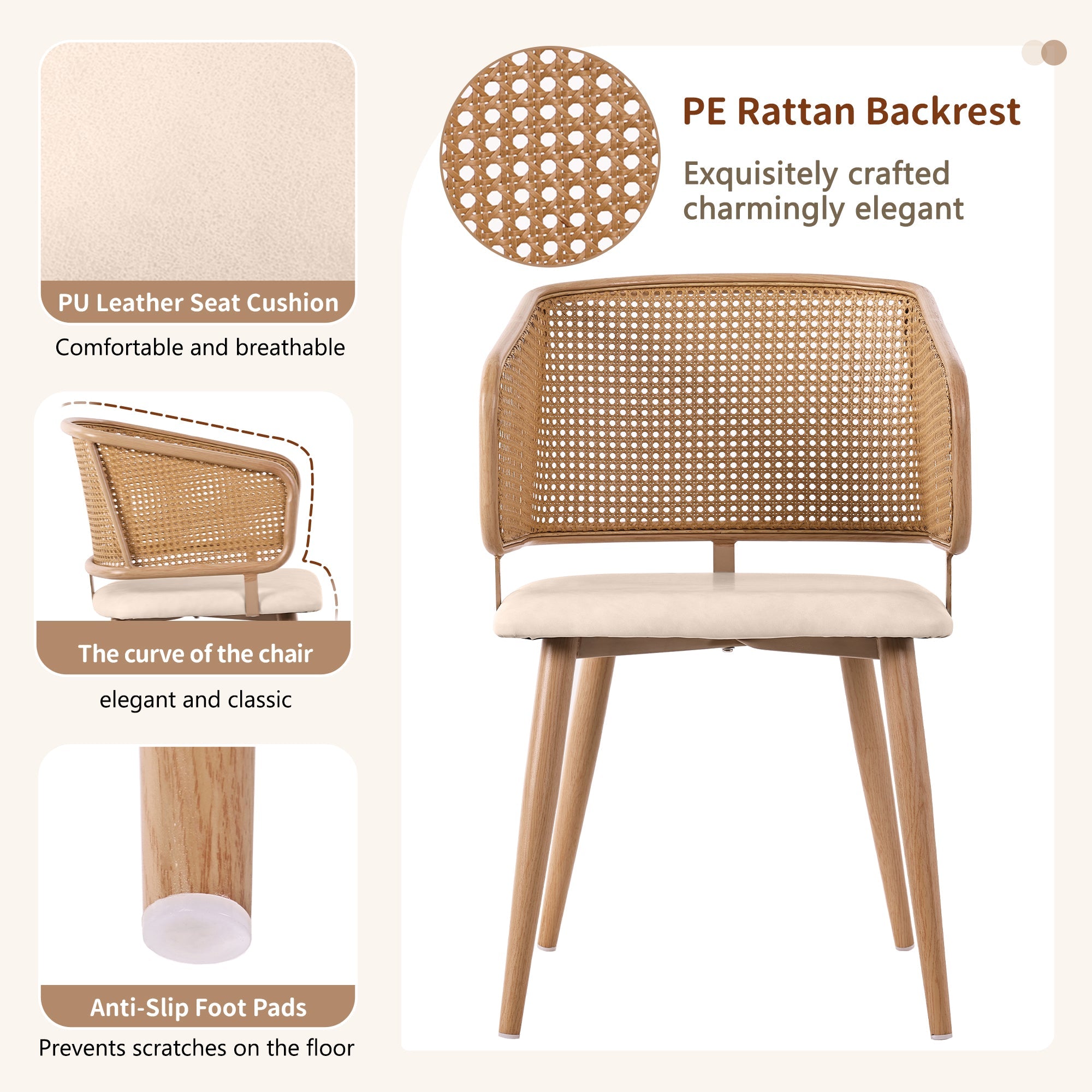 Logidon eetkamerstoelen met rotan rugleuning en PU lederen kussens beige