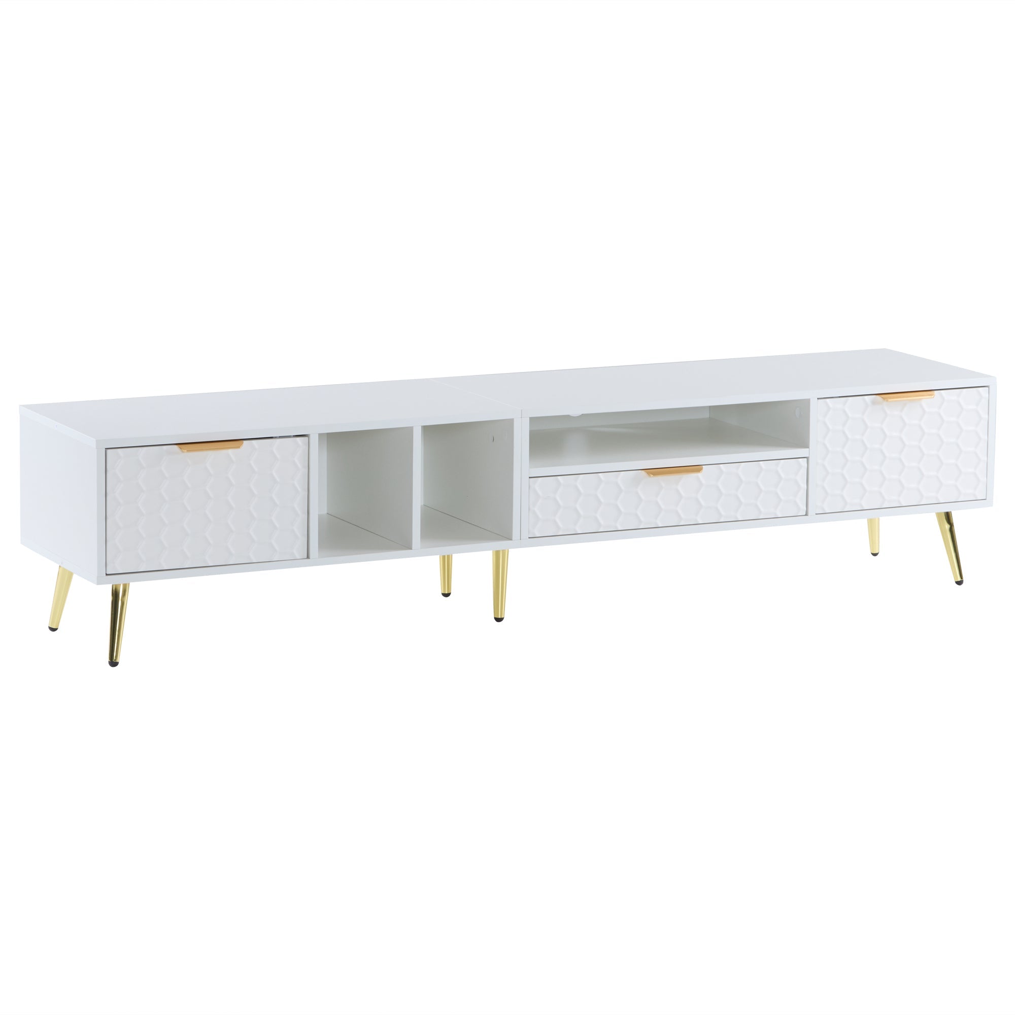 Logidon White TV Stand with Honeycomb Pattern and Storage Space for up to 80 Inches